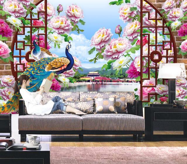 3D Window Flowers Peacock Wallpaper AJ Wallpaper 1