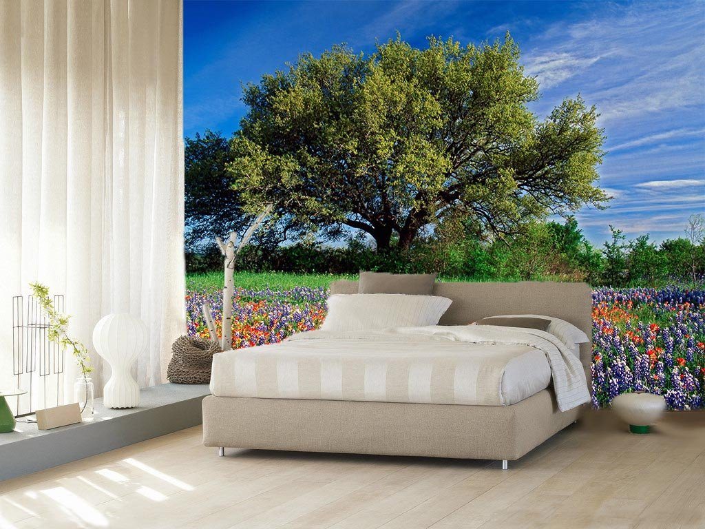 Flowers Field Tree Wallpaper AJ Wallpaper