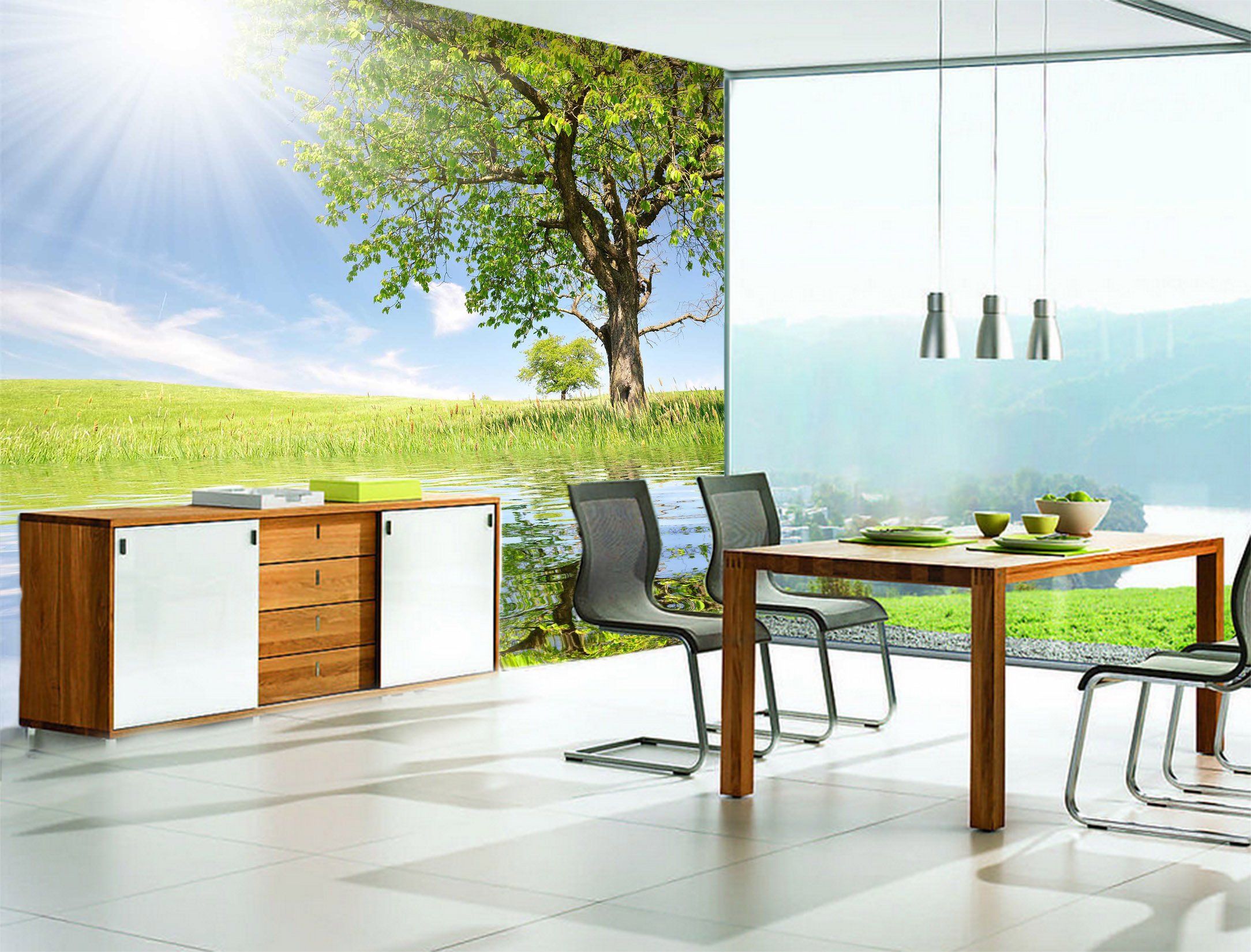 3D Sunny Tree River 623 Wallpaper AJ Wallpaper