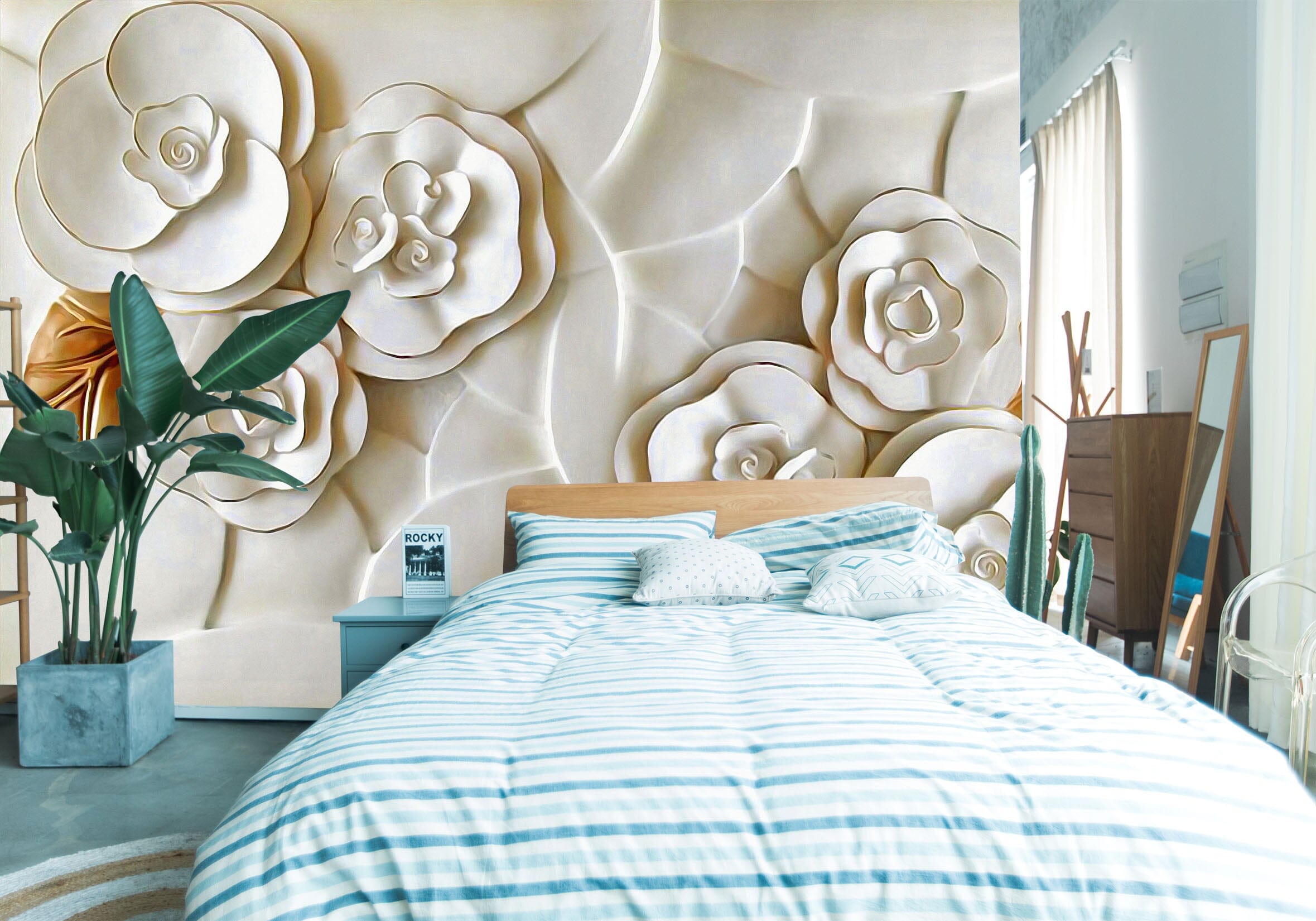 3D Embossed White Flower 050 Wall Murals Wallpaper AJ Wallpaper 2