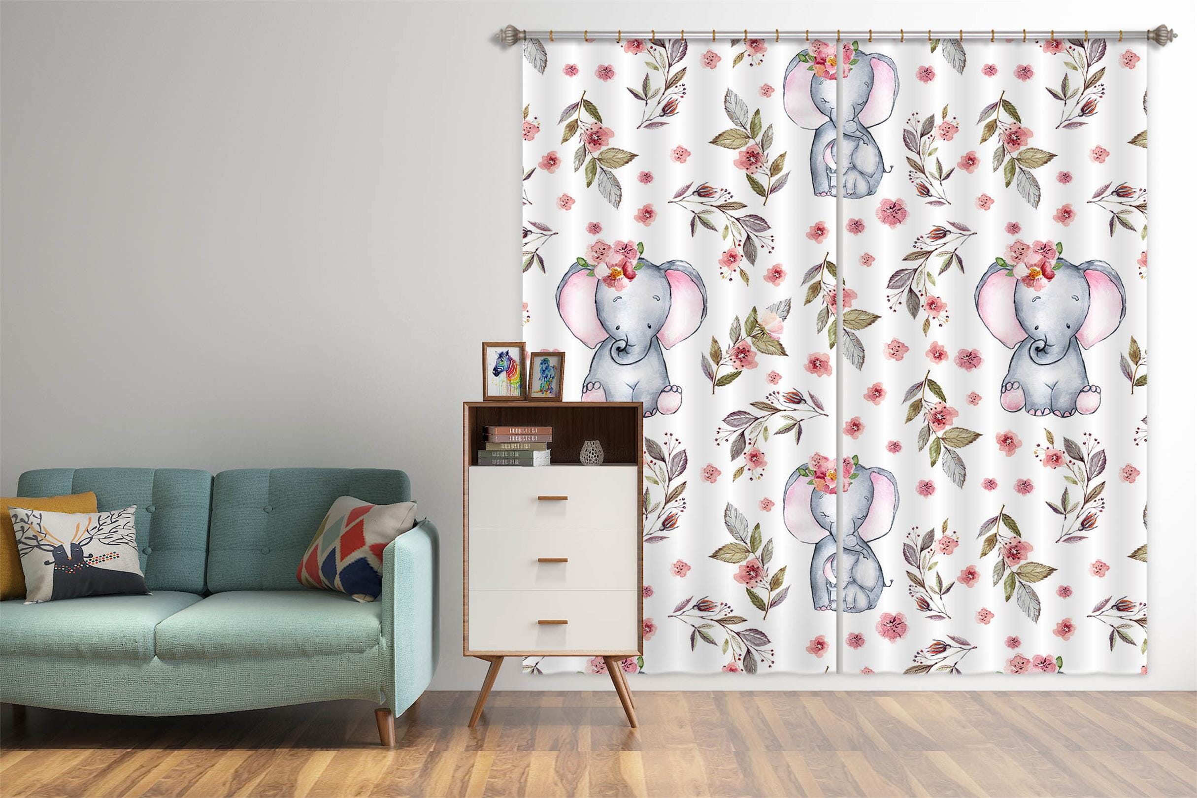 3D Elephant Pink Flower 144 Uta Naumann Curtain Curtains Drapes Curtains AJ Creativity Home
