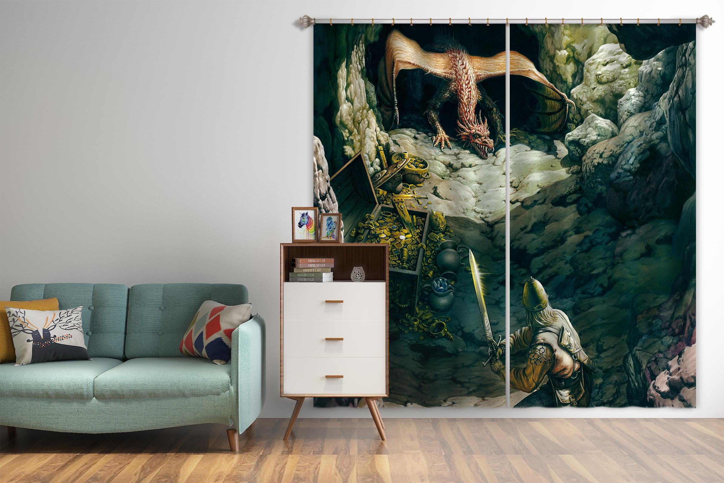 3D Dragon Cave Soldier 7165 Ciruelo Curtain Curtains Drapes