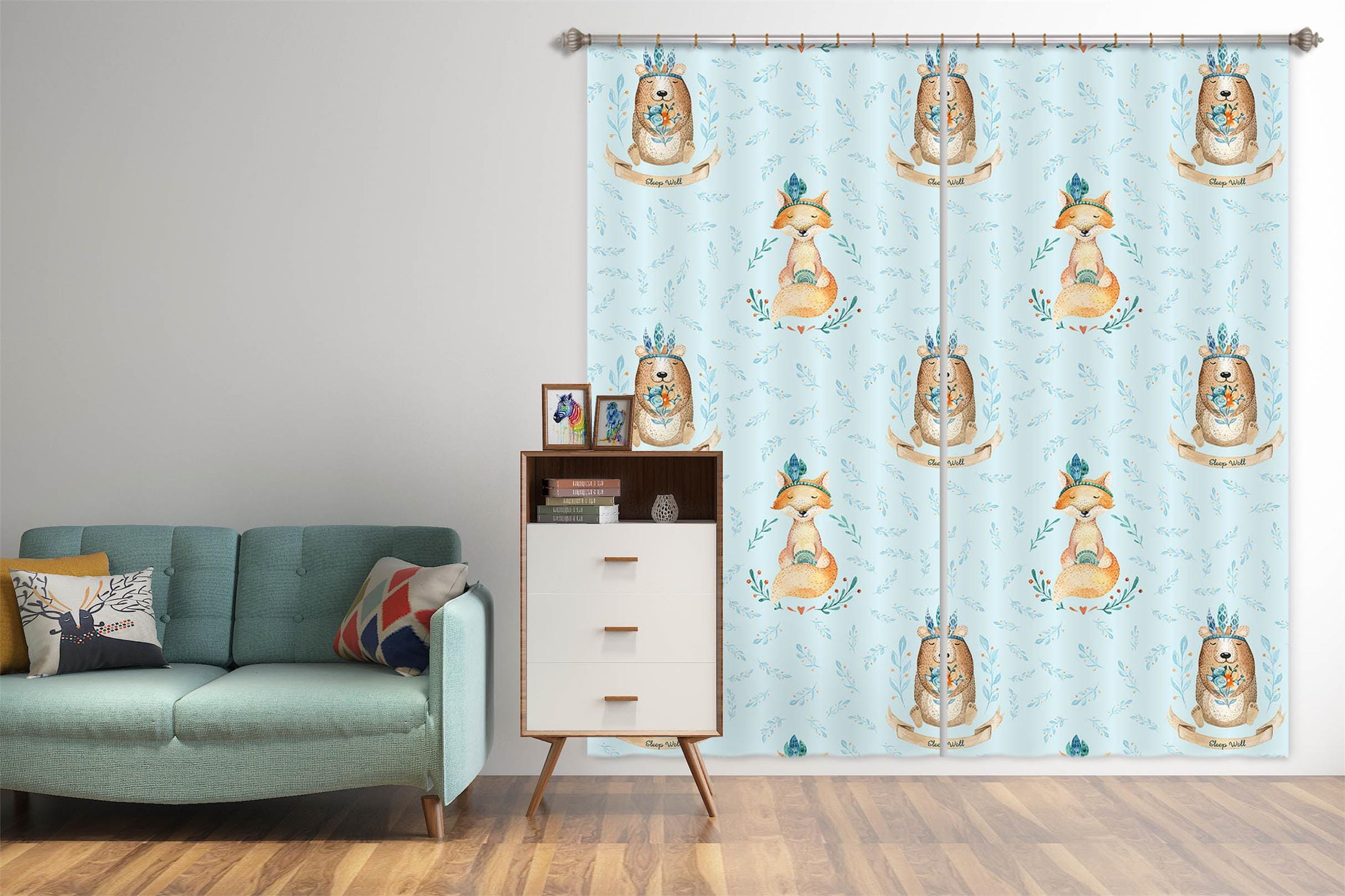 3D Fox Bear Leaves 129 Uta Naumann Curtain Curtains Drapes Curtains AJ Creativity Home
