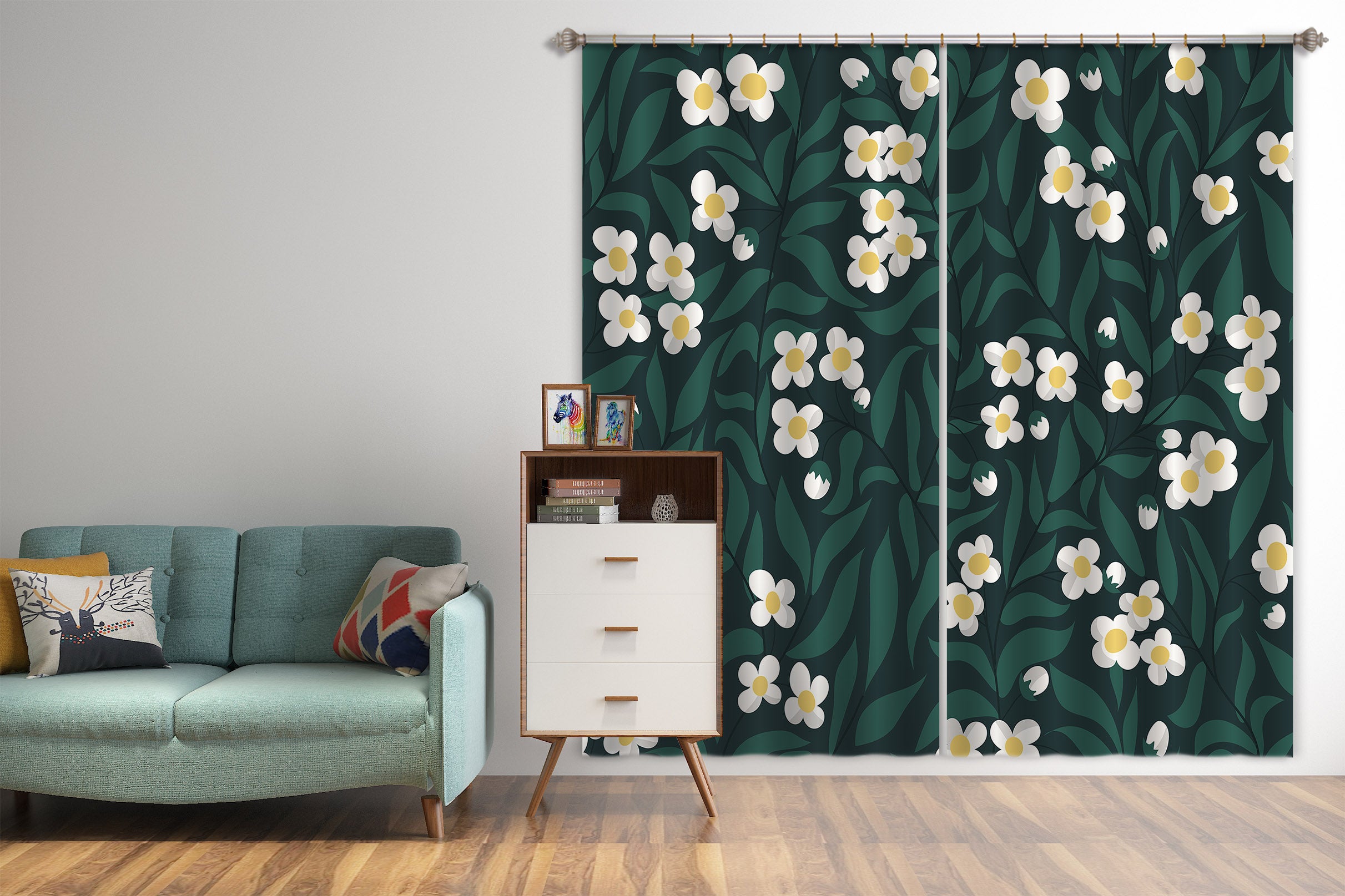 3D Leaves White Flowers 11177 Kashmira Jayaprakash Curtain Curtains Drapes