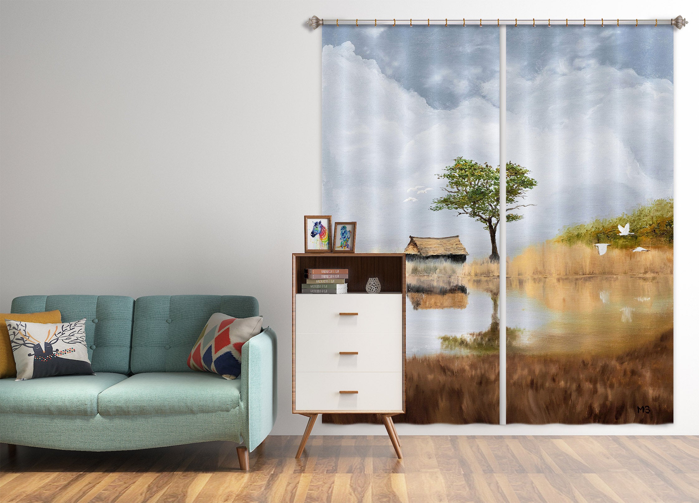 3D Grassland Tree Cabin 1732 Marina Zotova Curtain Curtains Drapes