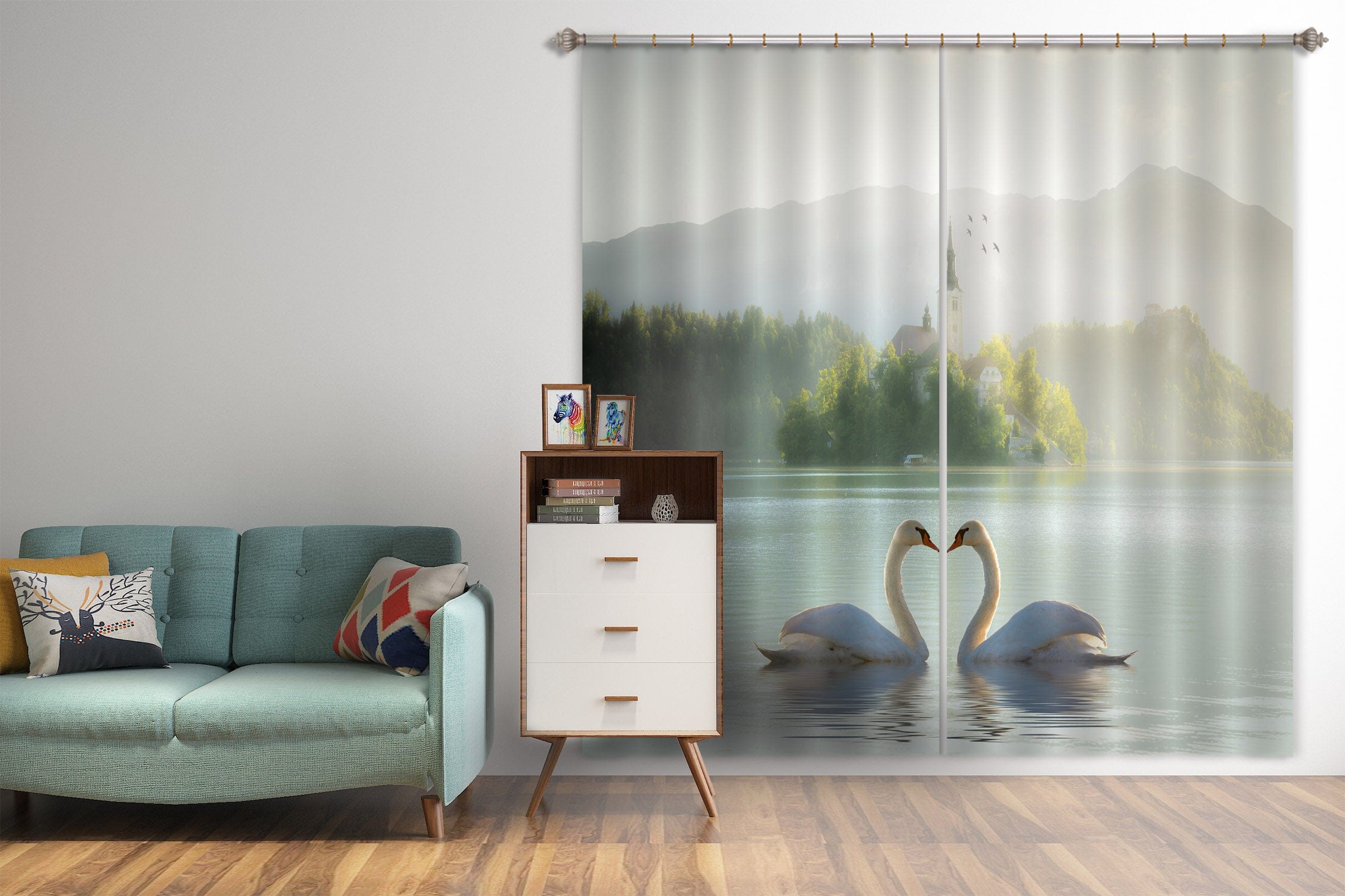 3D Swan Lake 065 Marco Carmassi Curtain Curtains Drapes Curtains AJ Creativity Home