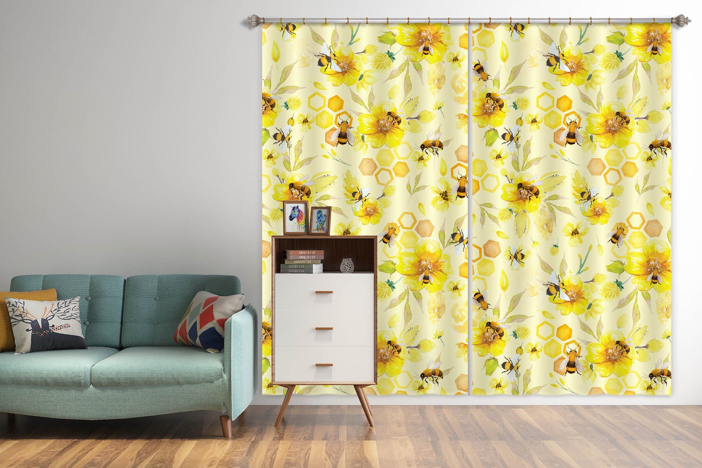 3D Bee Yellow Flower 241 Uta Naumann Curtain Curtains Drapes Curtains AJ Creativity Home