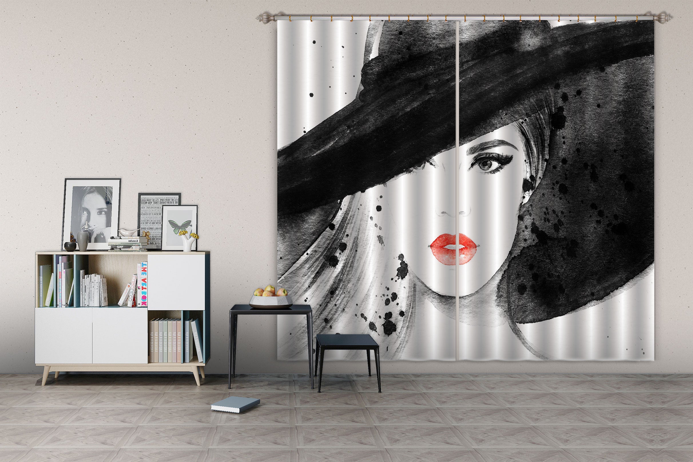 3D Big Hat Woman 054 Curtains Drapes