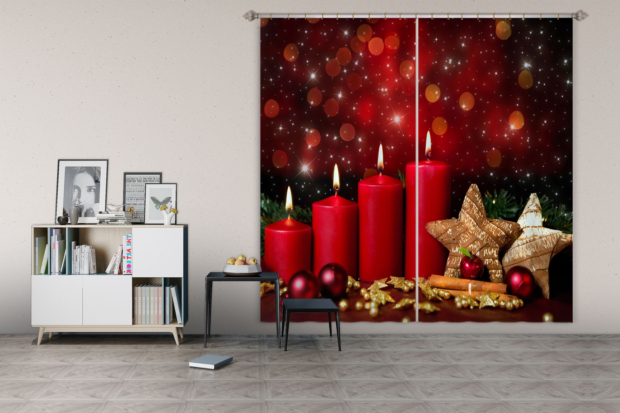 3D Red Candle Five-Pointed Star 52008 Christmas Curtains Drapes Xmas