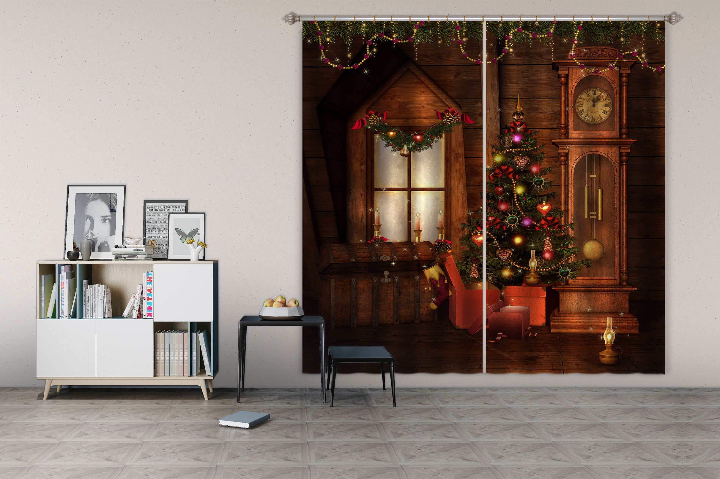 3D Wooden House Clock Tree 52002 Christmas Curtains Drapes Xmas