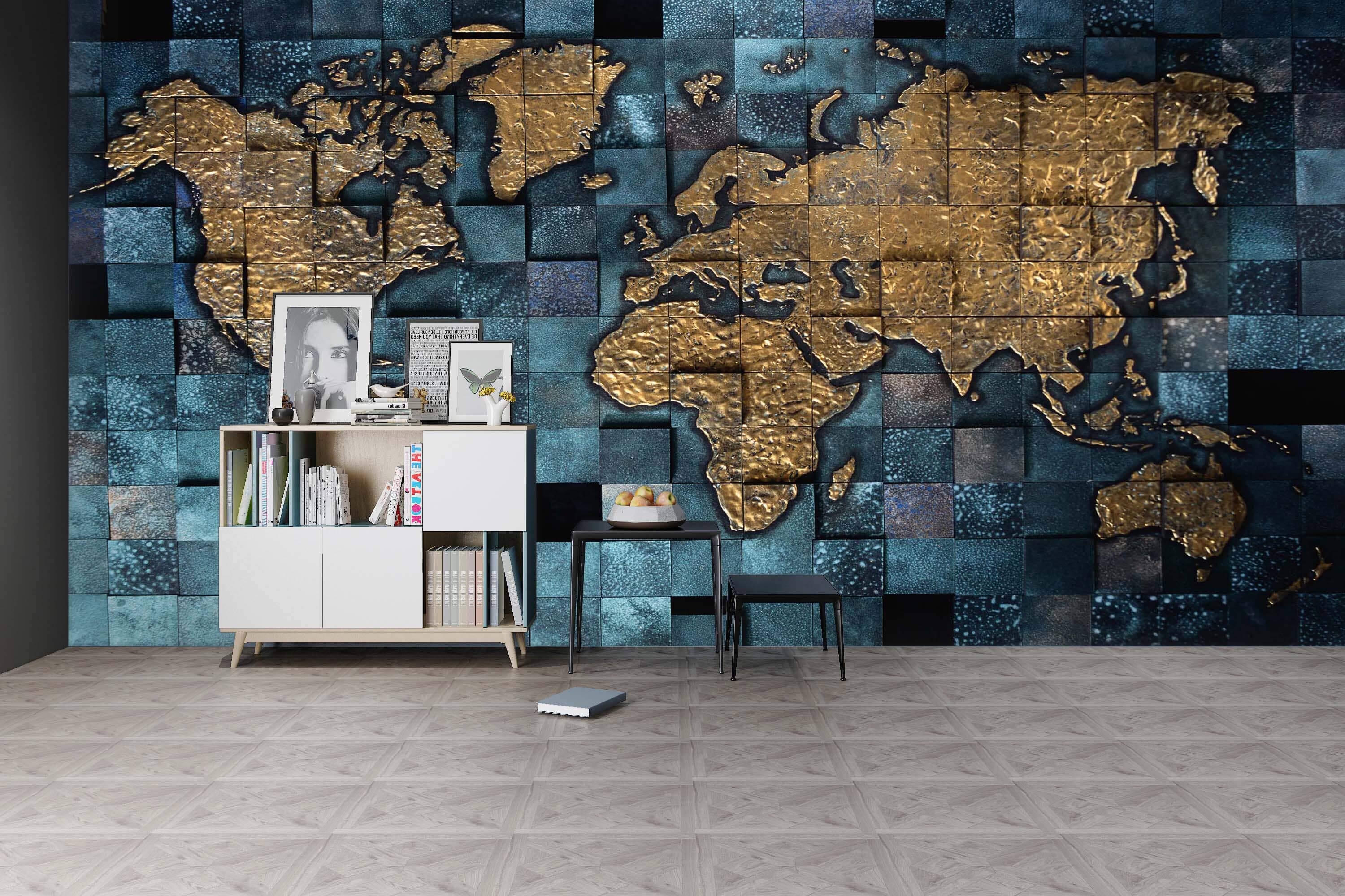 3D Golden World Map 032 Wall Murals Wallpaper AJ Wallpaper 2
