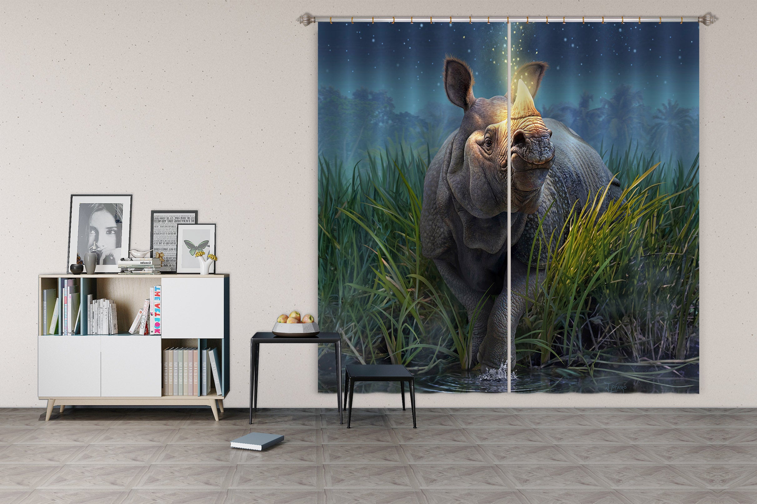 3D Rhinoceros Unicornis 86093 Jerry LoFaro Curtain Curtains Drapes
