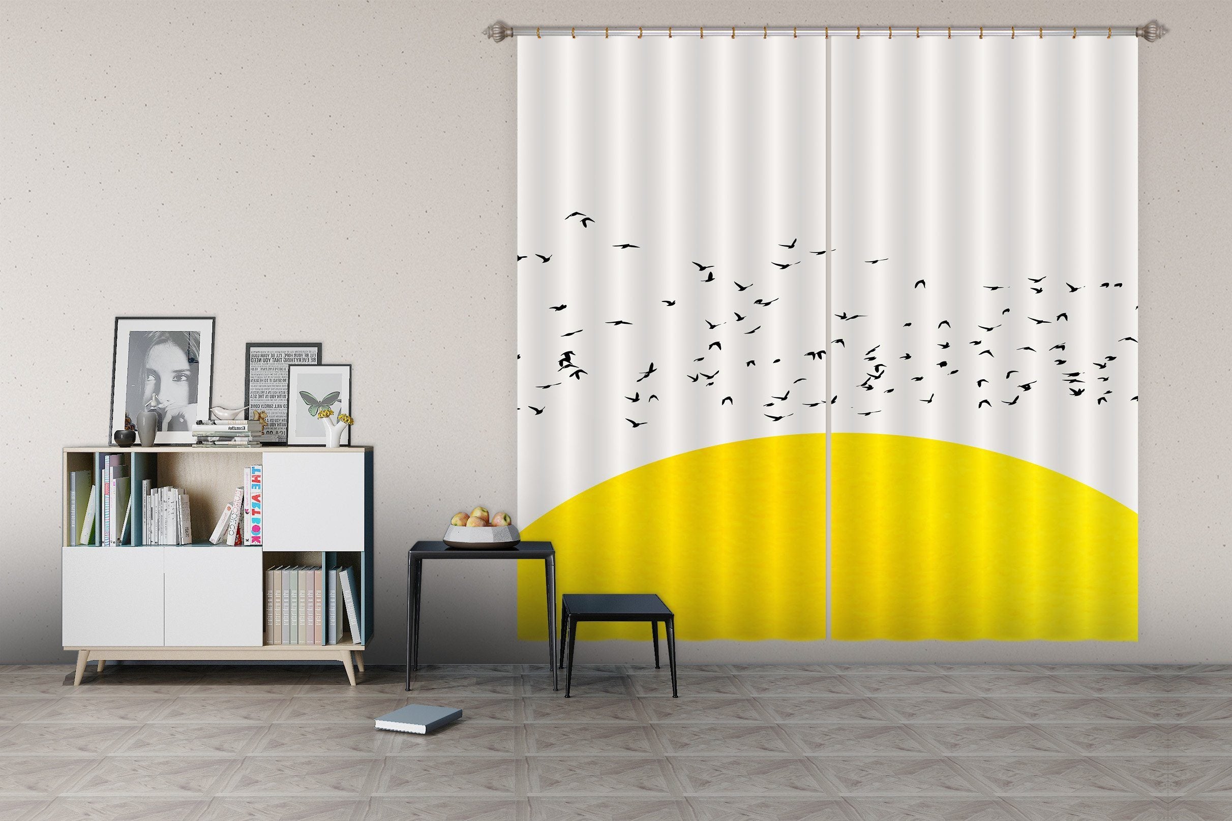 3D Bird Yellow Sun 037 Boris Draschoff Curtain Curtains Drapes Curtains AJ Creativity Home