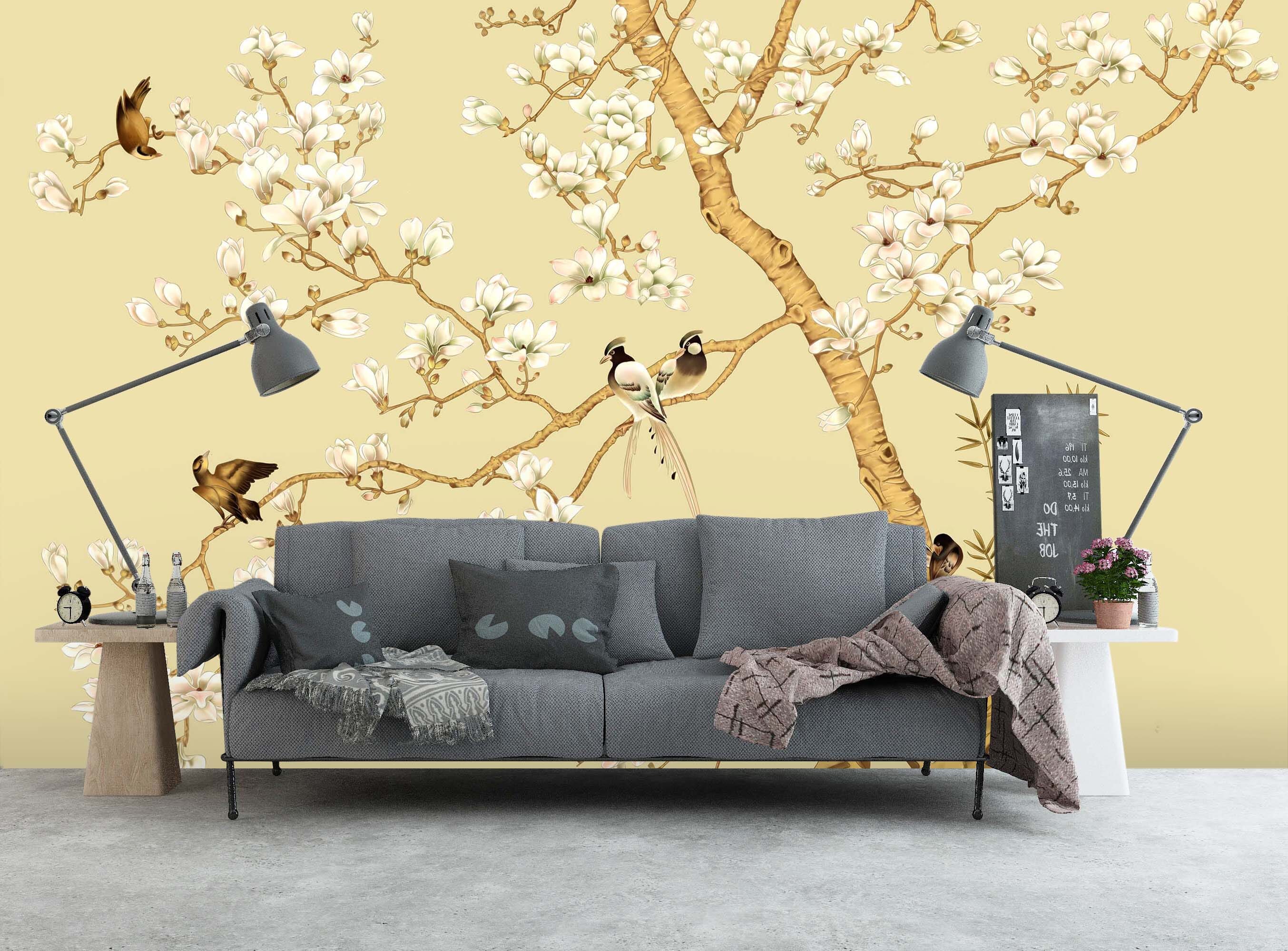3D Flower Bird Yellow 022 Wall Murals Wallpaper AJ Wallpaper 2