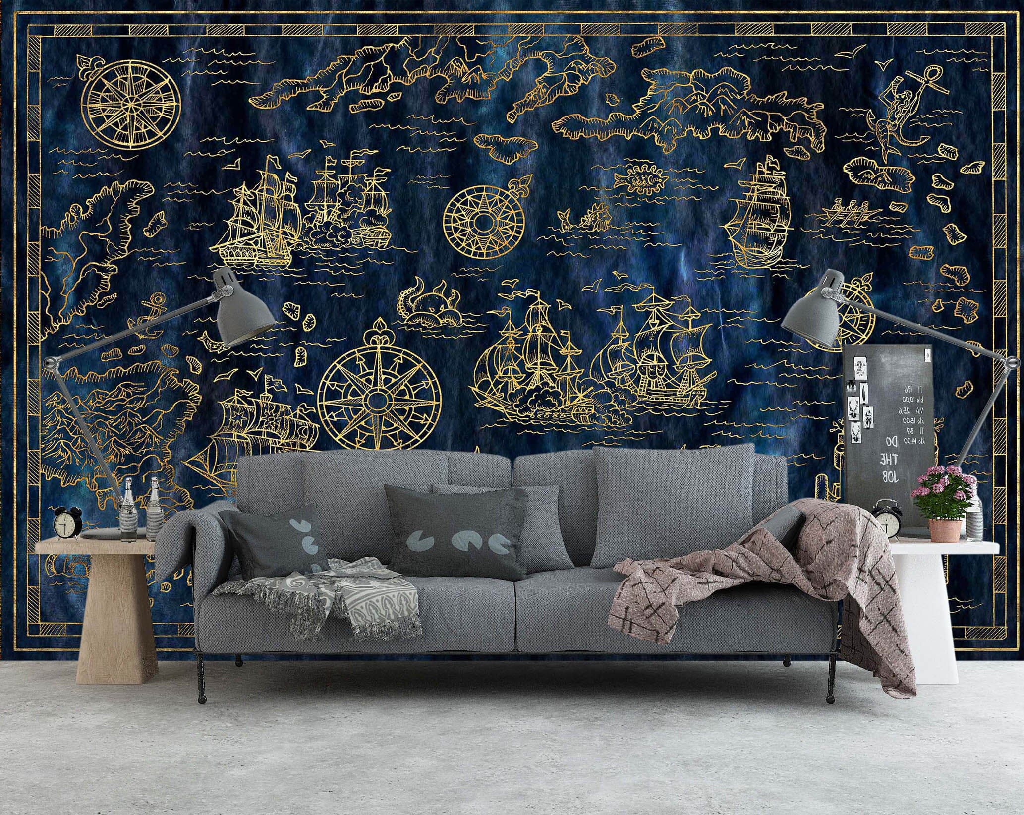 3D Golden Ship 2128 World Map Wall Murals Wallpaper AJ Wallpaper 2