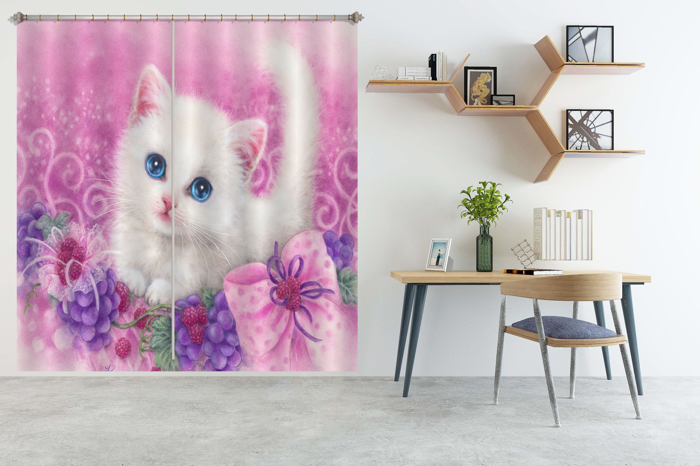 3D Grape White Cat 9063 Kayomi Harai Curtain Curtains Drapes