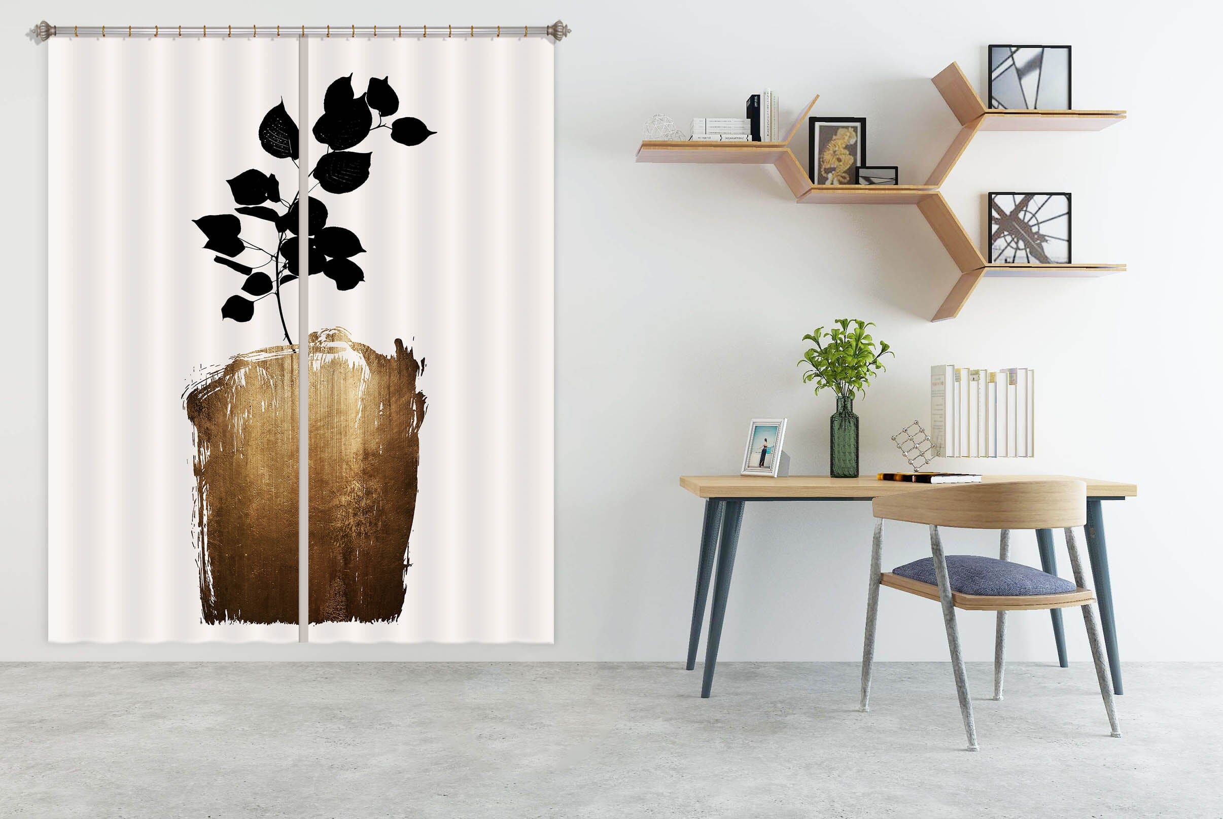 3D Golden Flowerpot Leaves 1107 Boris Draschoff Curtain Curtains Drapes Curtains AJ Creativity Home