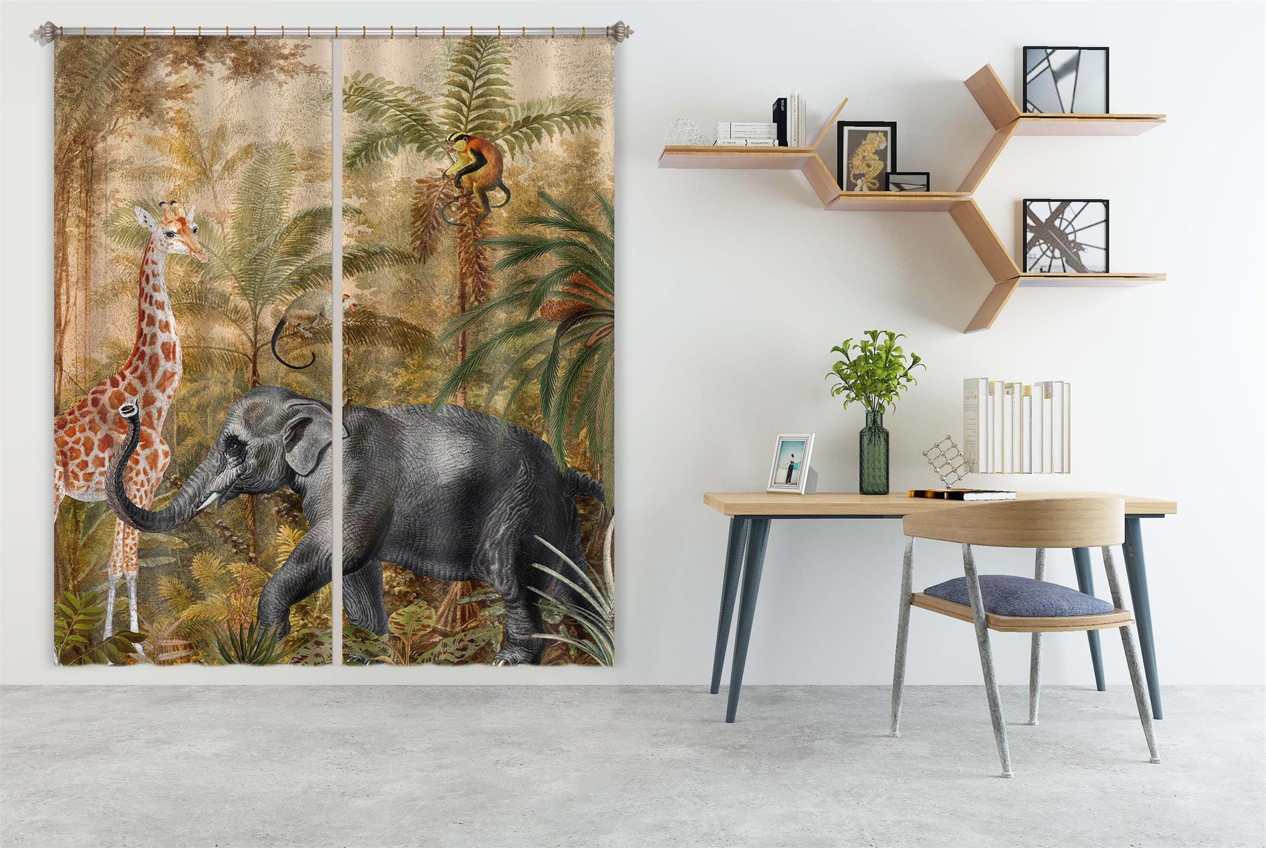 3D Elephant Monkey 200 Uta Naumann Curtain Curtains Drapes Curtains AJ Creativity Home