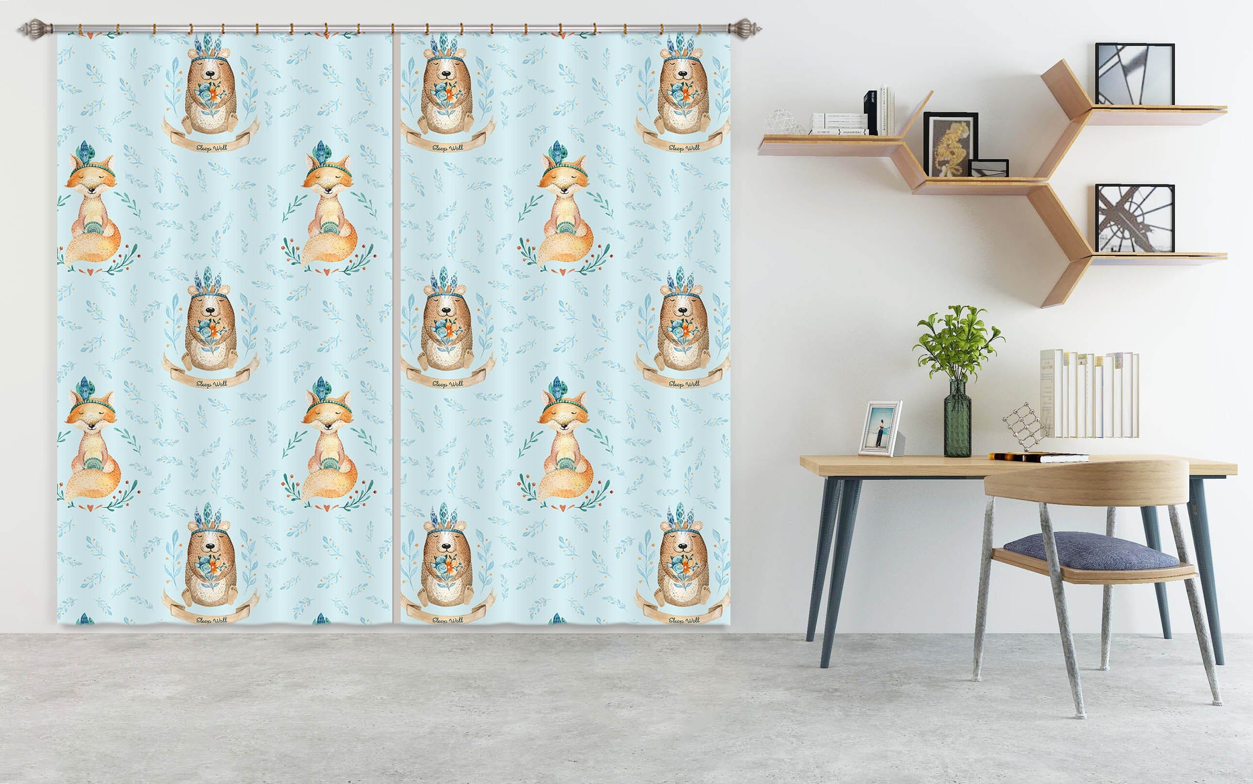 3D Fox Bear Leaves 129 Uta Naumann Curtain Curtains Drapes Curtains AJ Creativity Home