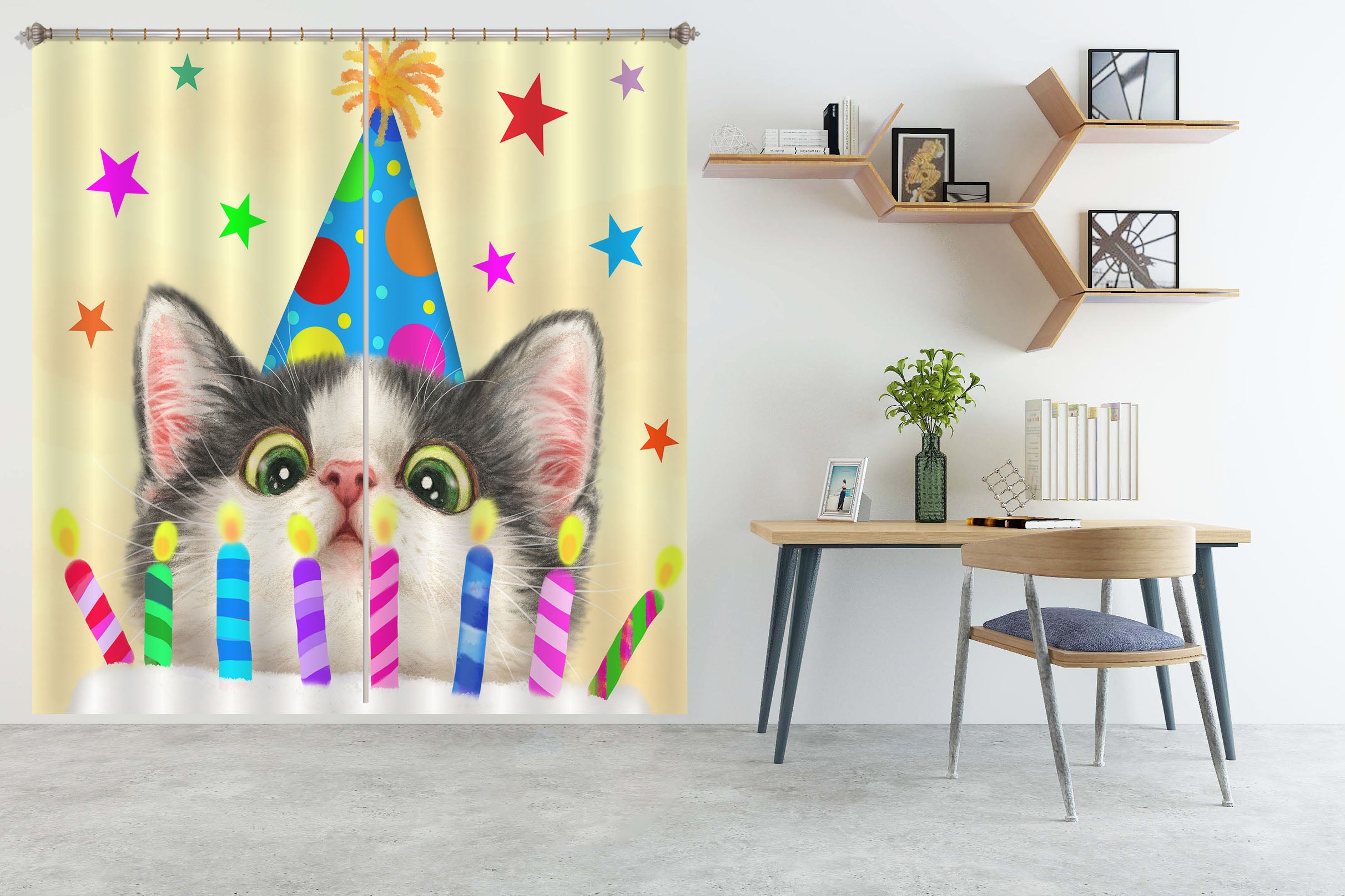 3D Birthday Cat 9017 Kayomi Harai Curtain Curtains Drapes