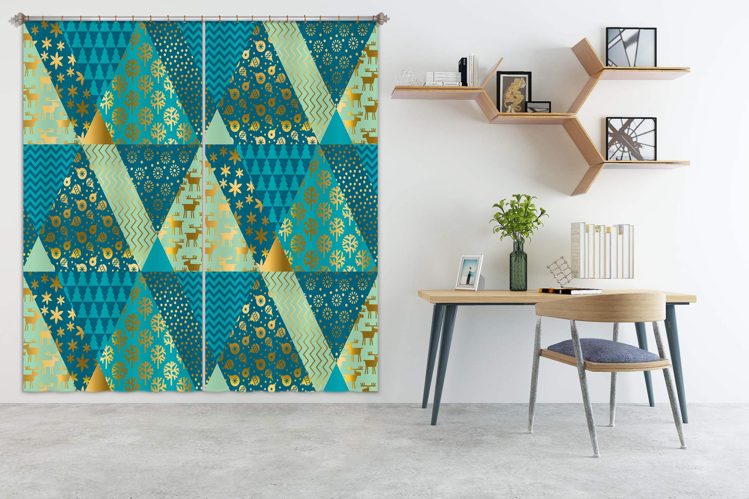 3D Green Triangle 52063 Christmas Curtains Drapes Xmas