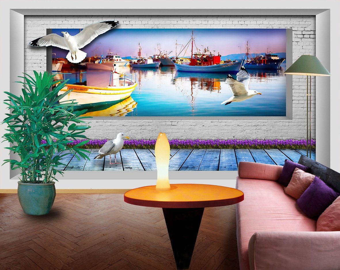 3D Seagull River Boats 342 Wallpaper AJ Wallpaper