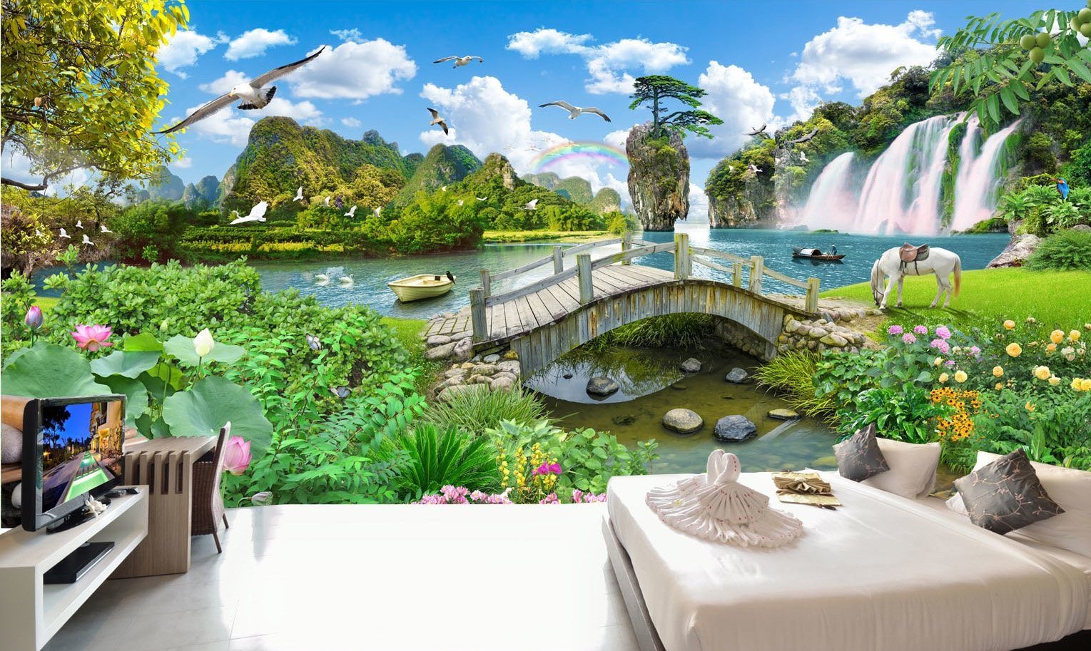 3D Waterfall Rainbow Horse 288 Wallpaper AJ Wallpaper