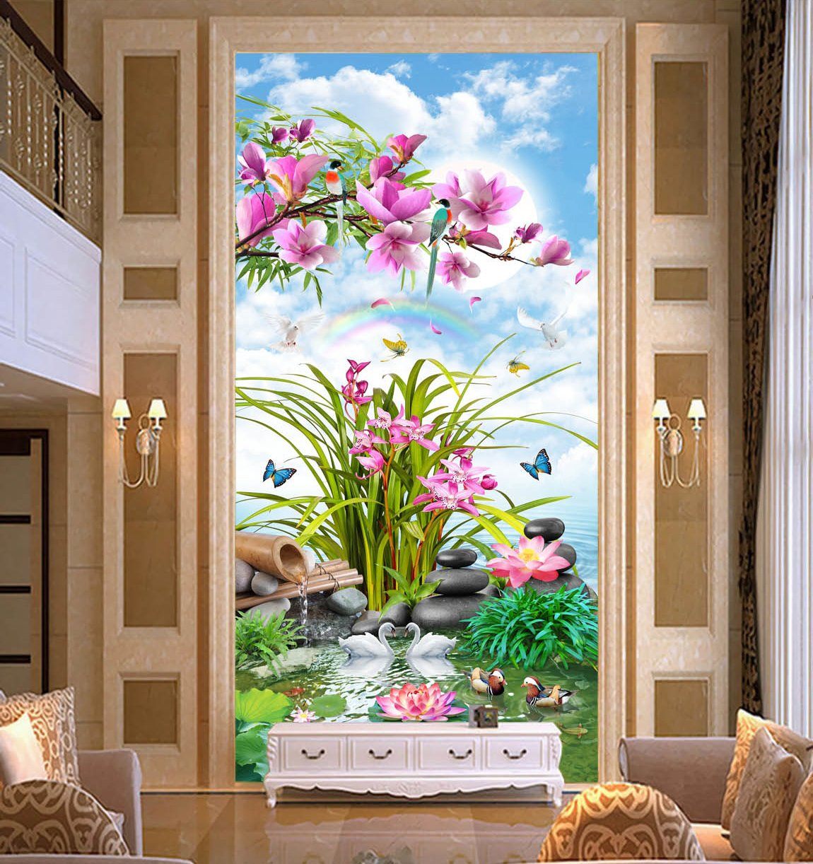 3D Moon Flower Swan 367 Wallpaper AJ Wallpaper