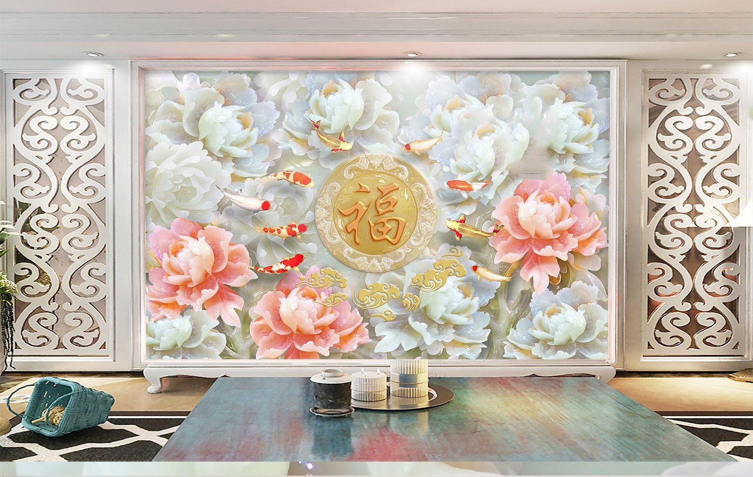 3D Embossed Flower Fish 287 Wallpaper AJ Wallpaper