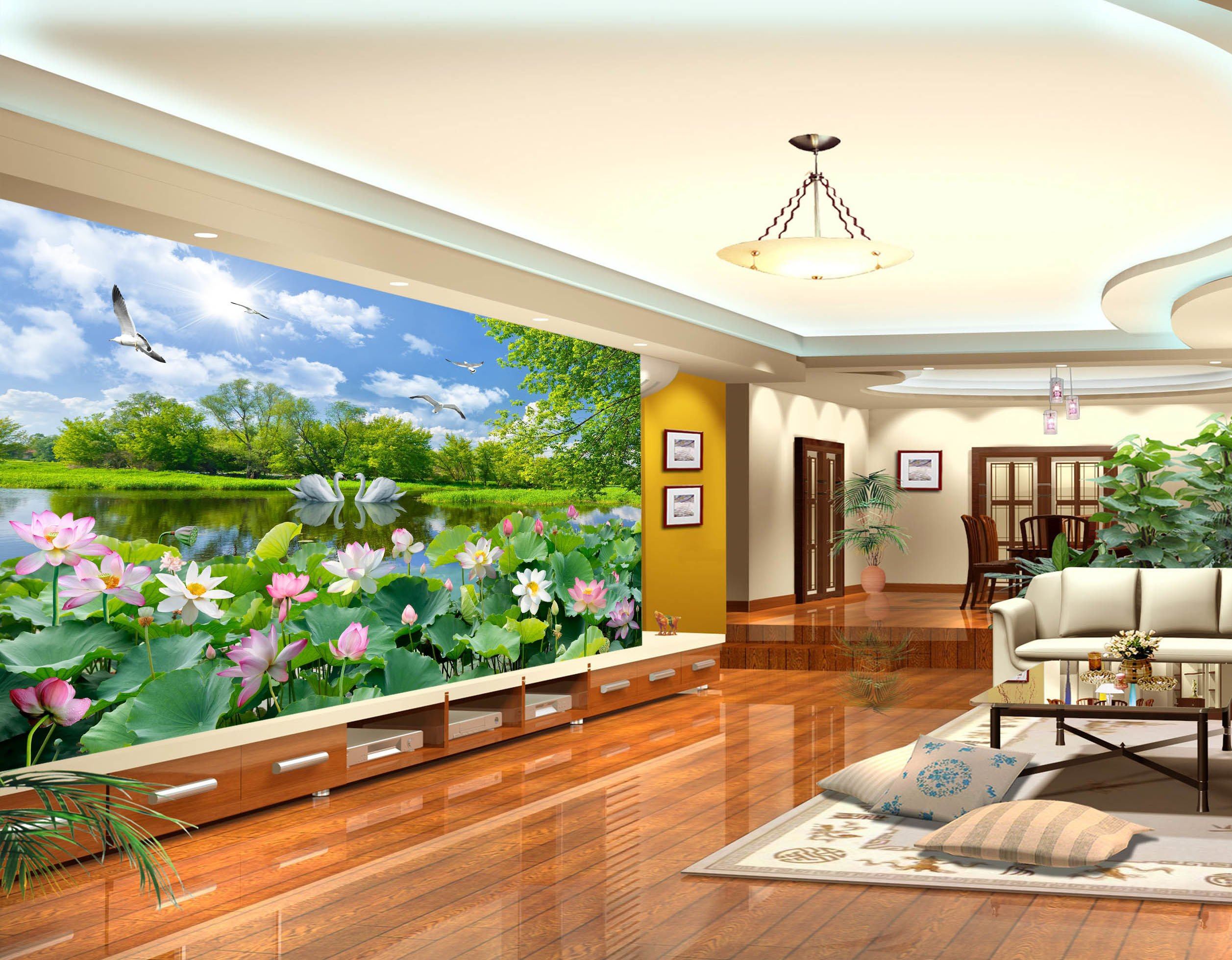 3D Lotus Pond Swan 290 Wallpaper AJ Wallpaper