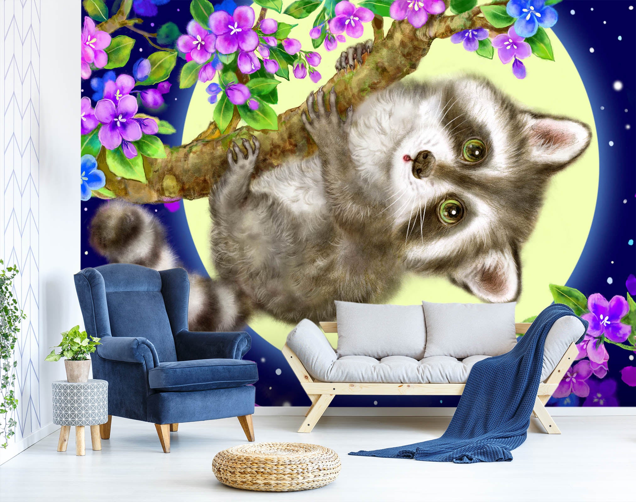 3D Flower Moon Tanuki 5540 Kayomi Harai Wall Mural Wall Murals