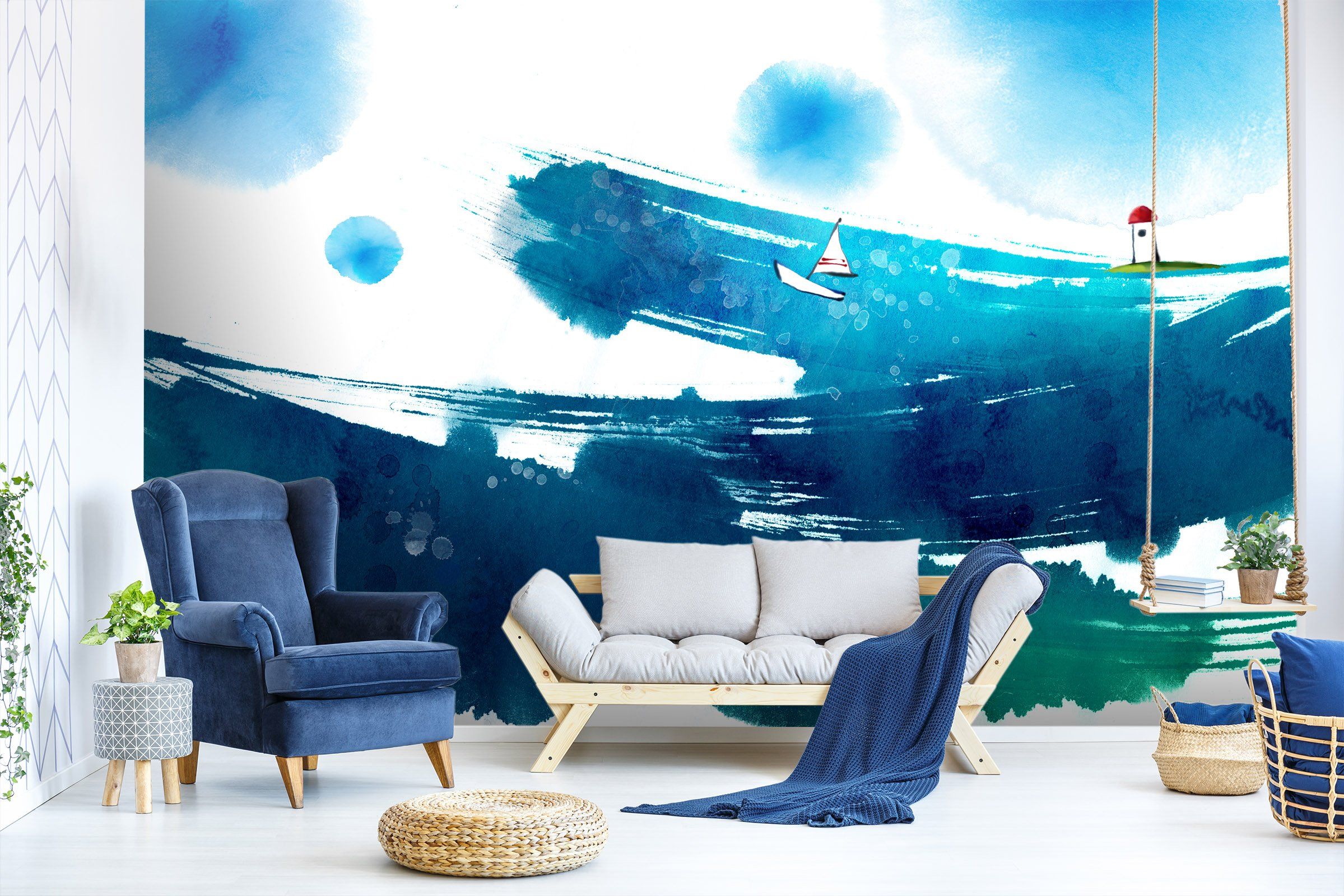 3D Blue Ink Boat 051 Wallpaper AJ Wallpaper
