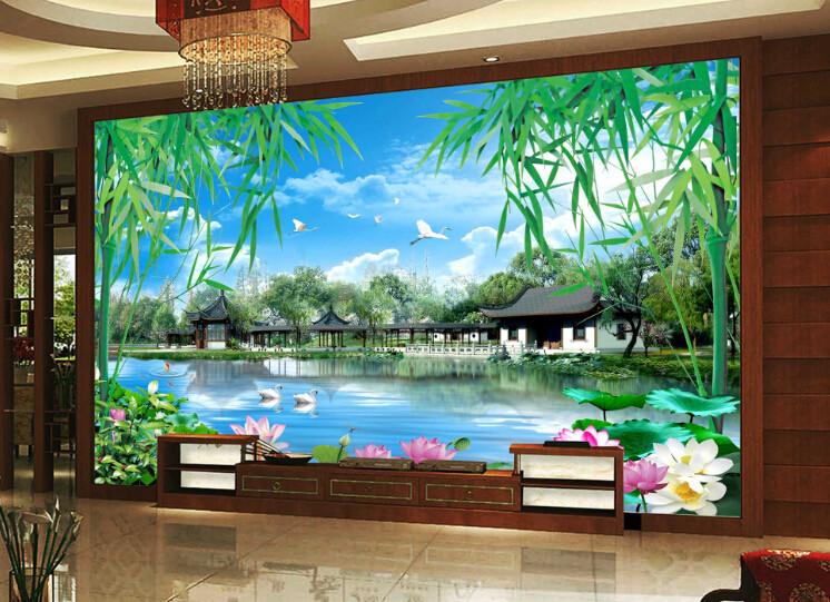3D Pond Bamboo Pavilion And Lotus Wallpaper AJ Wallpaper 1