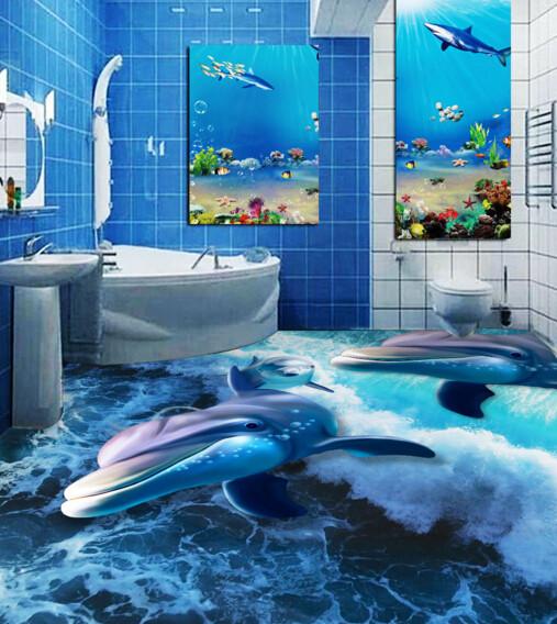 3D Sea Flying Dolphins Floor Mural Wallpaper AJ Wallpaper 2