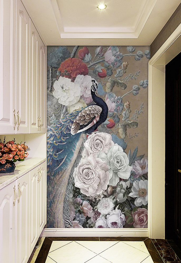 3D Peacock White Peony WC824 Wall Murals