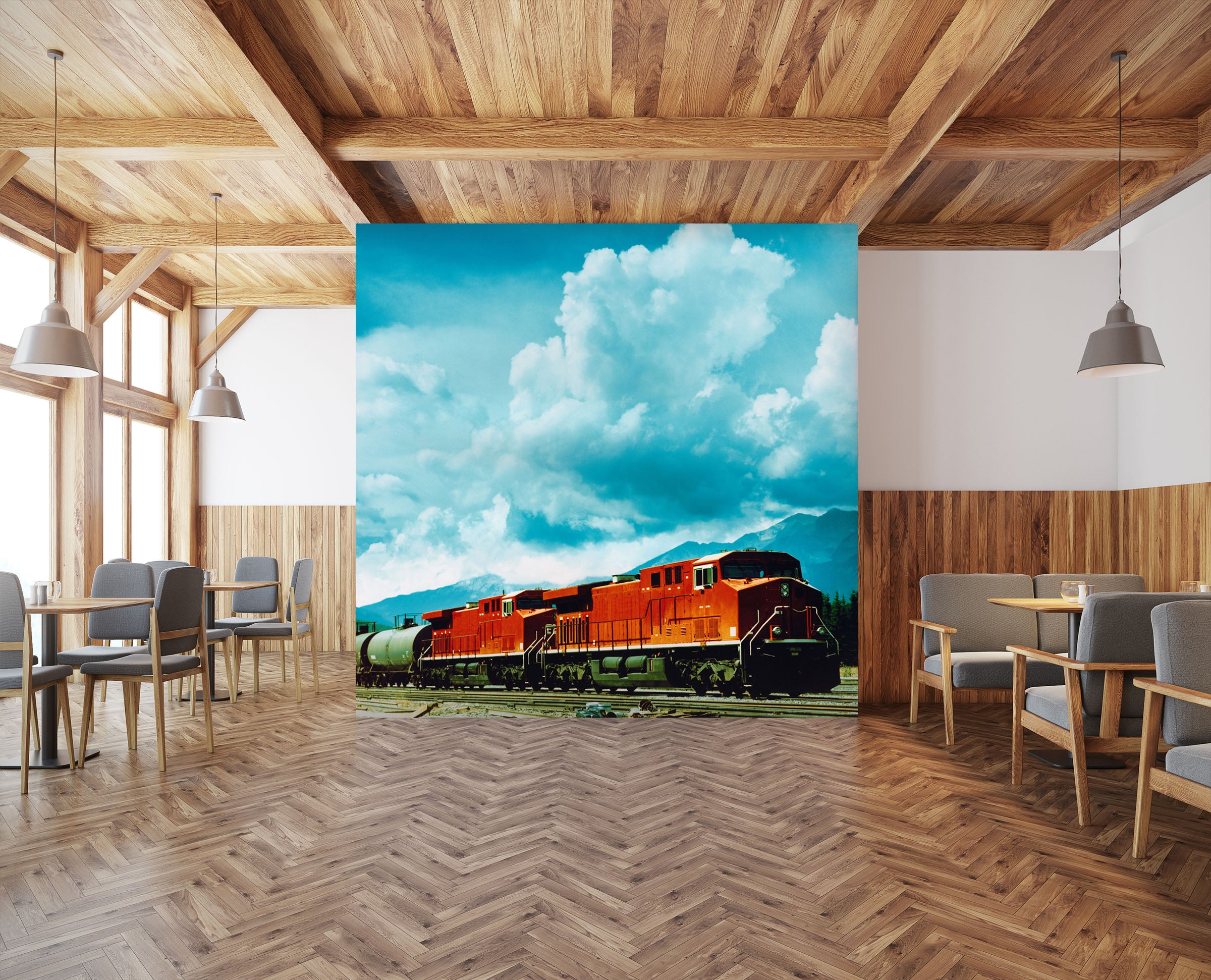 3D White Clouds Train 086 Vehicle Wall Murals