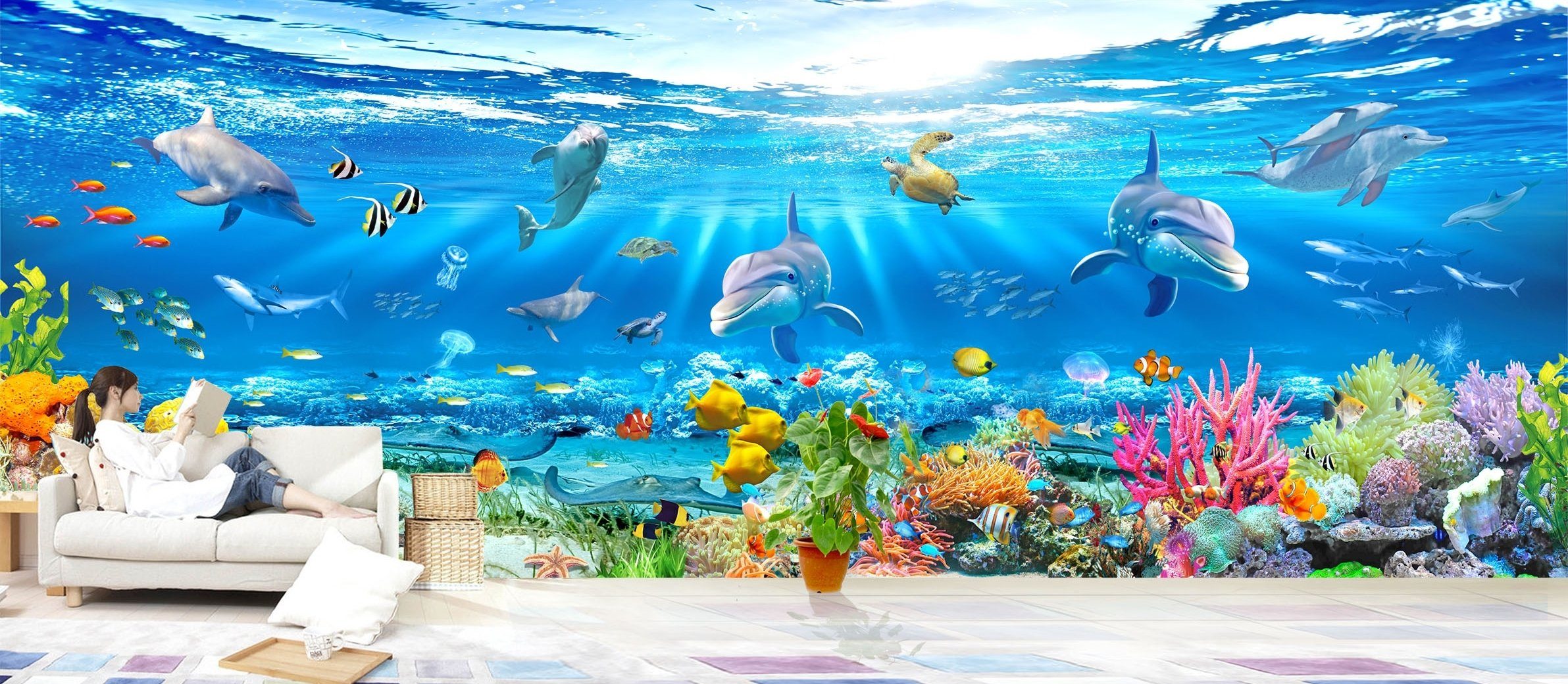 3D Dolphin Fish School 308 Wallpaper AJ Wallpaper