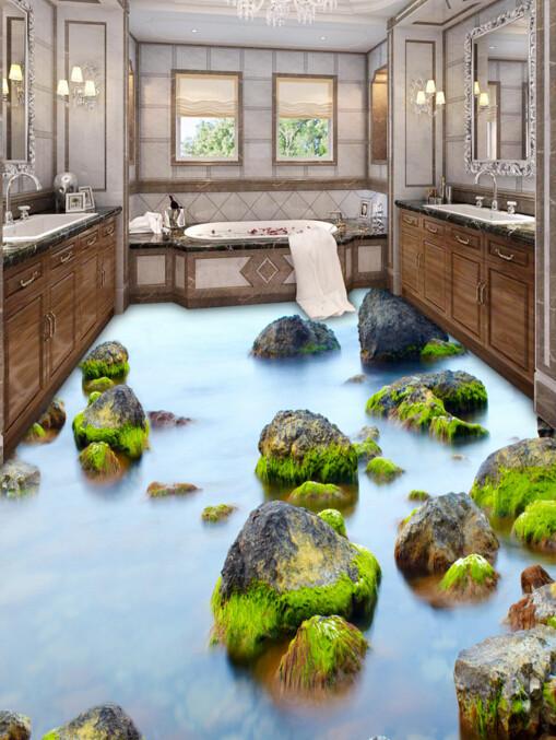 3D Lake Mossy Stones Floor Mural Wallpaper AJ Wallpaper 2