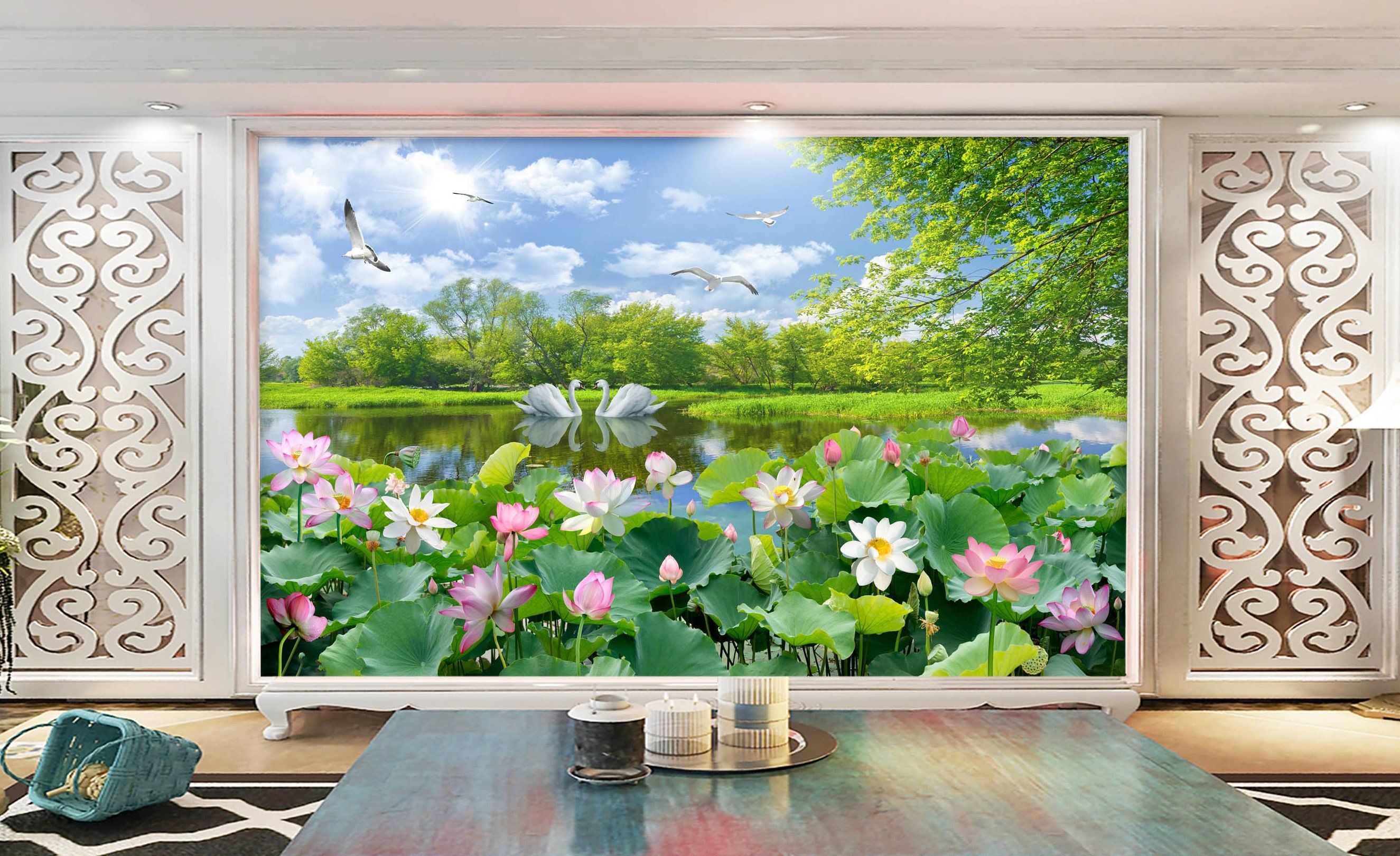 3D Lotus Pond Swan 290 Wallpaper AJ Wallpaper