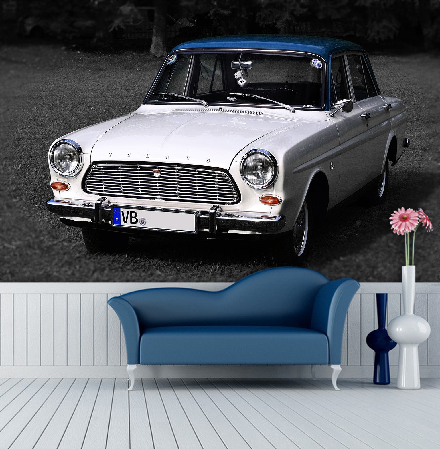 3D White Car 183 Vehicle Wall Murals