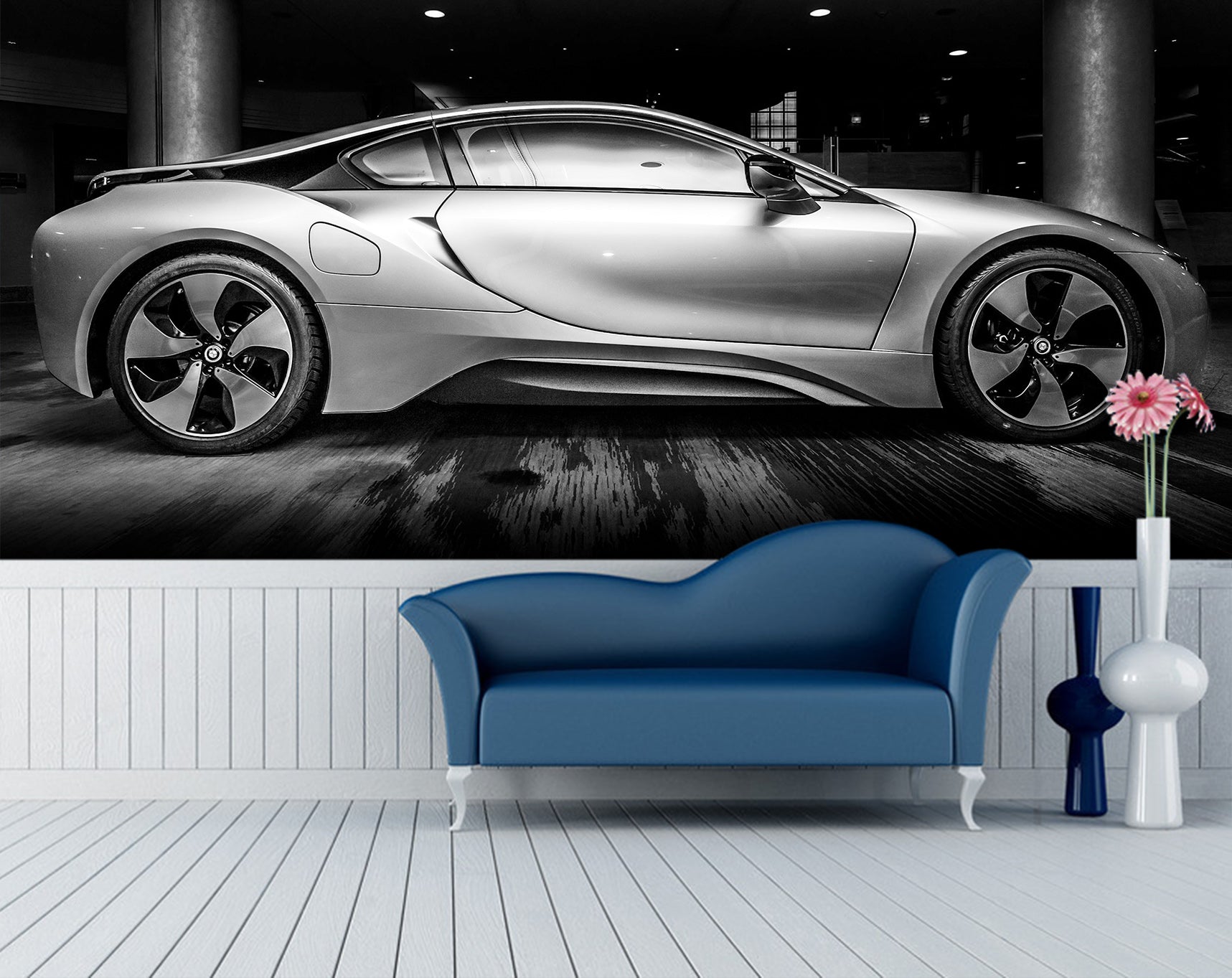3D Silver Sports Car 310 Vehicle Wall Murals