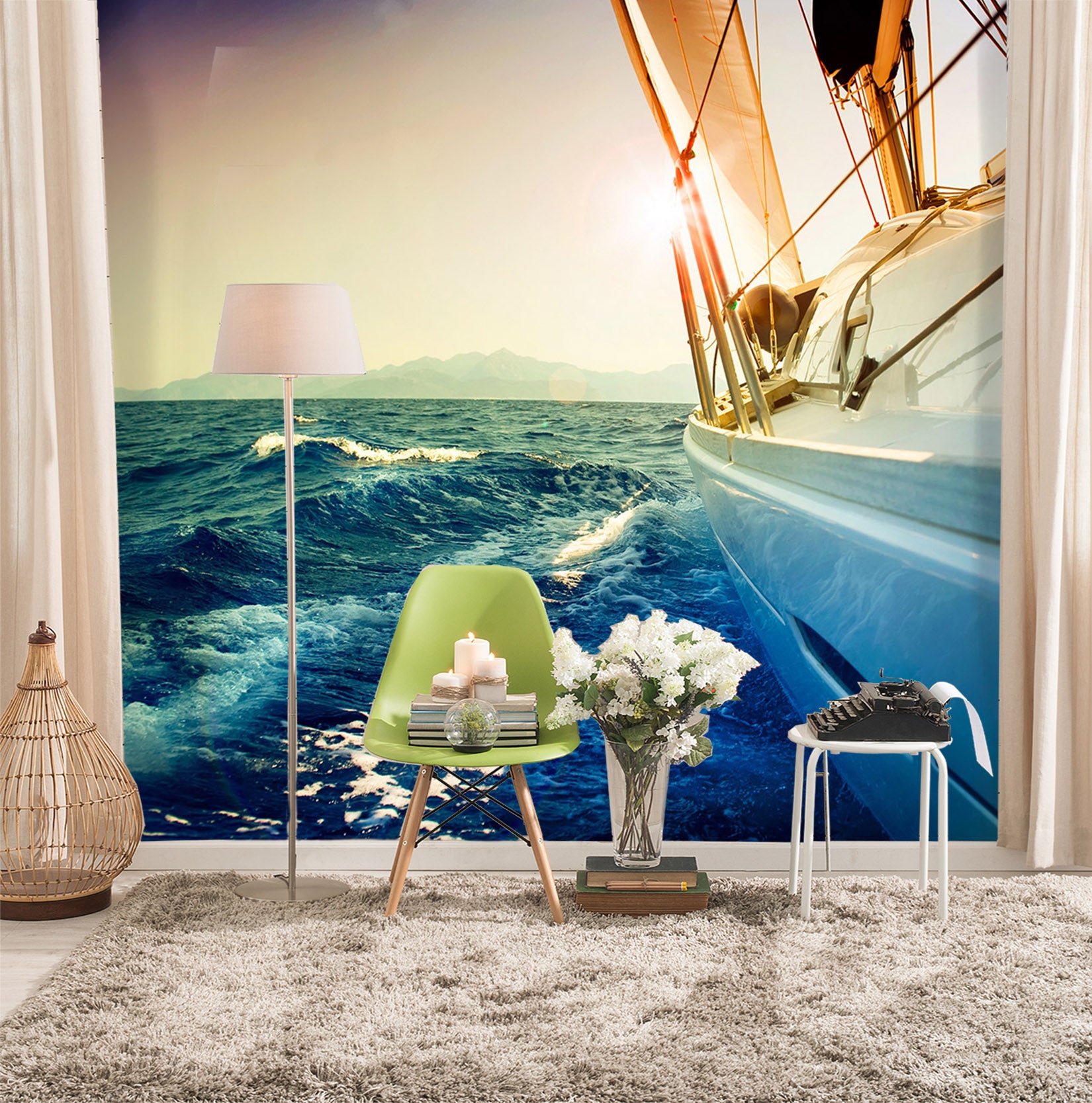 3D Sunset Yacht Sea 409 Vehicle Wall Murals