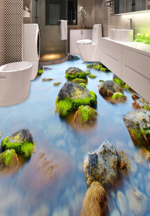3D Lake Mossy Stones Floor Mural Wallpaper AJ Wallpaper 2