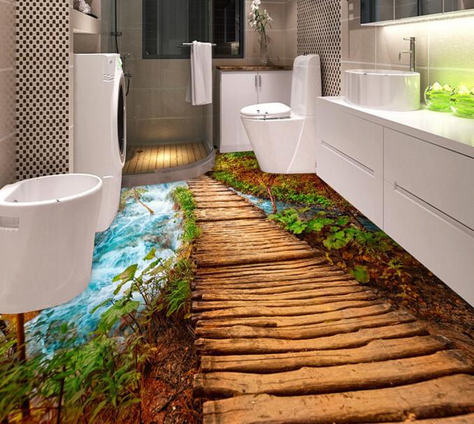 3D Stream Wood Bridge Floor Mural Wallpaper AJ Wallpaper 2