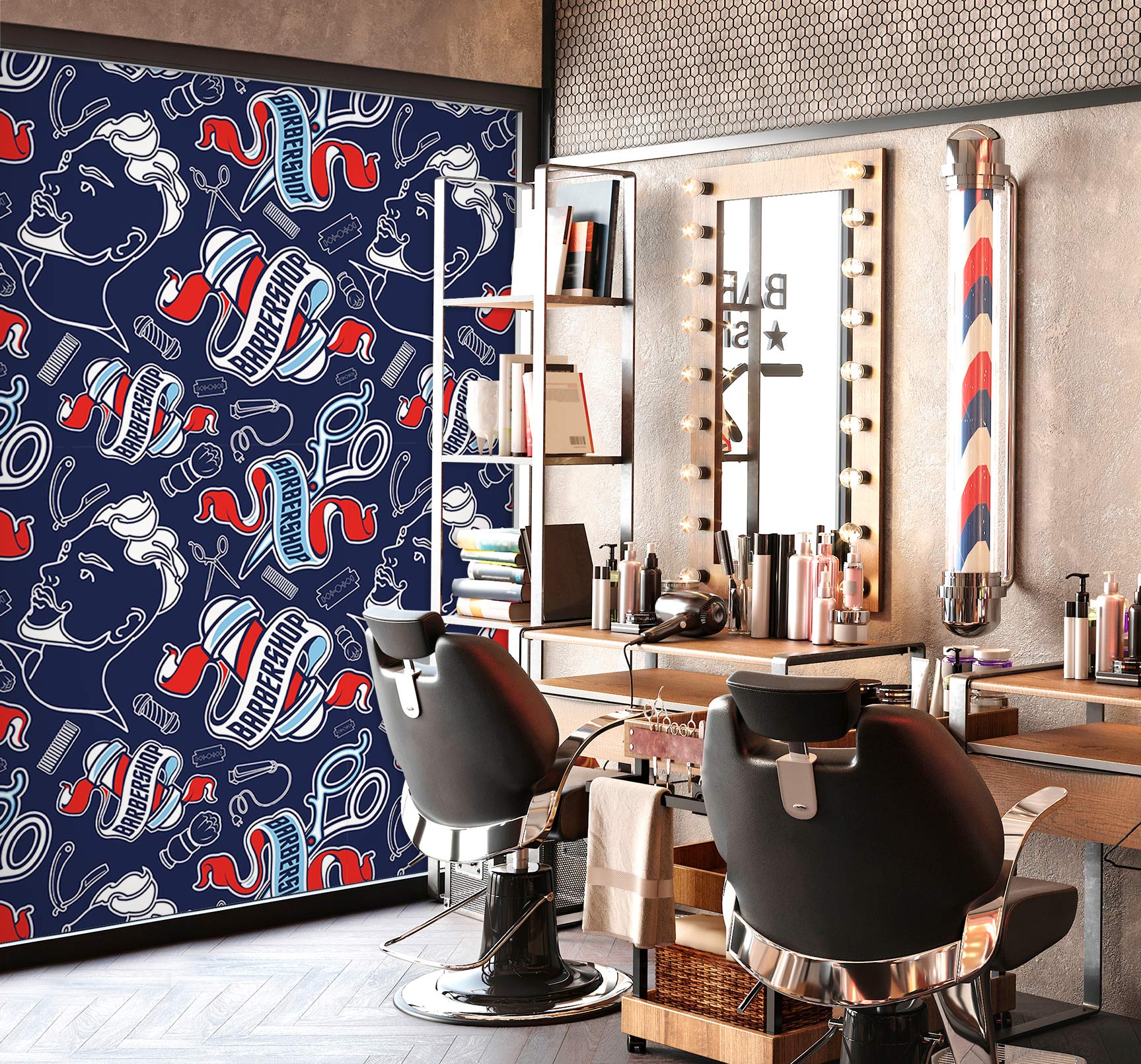 3D Men's Hairstyle Color Bar Scissors 115180 Barber Shop Wall Murals