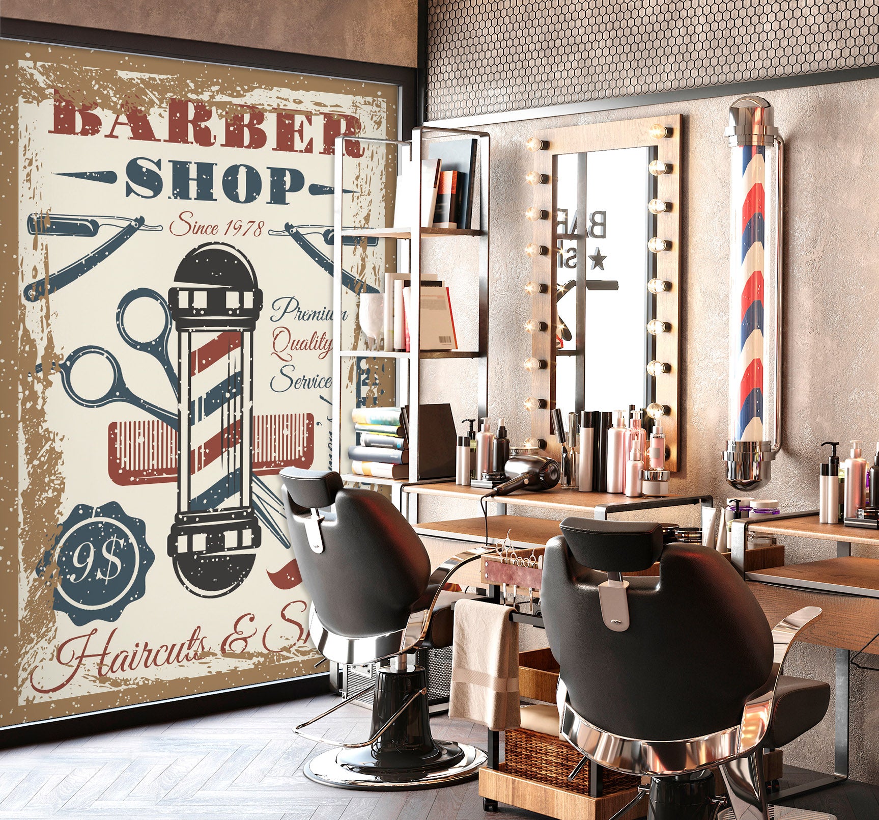 3D Colorful Stripes Comb Scissors 115214 Barber Shop Wall Murals