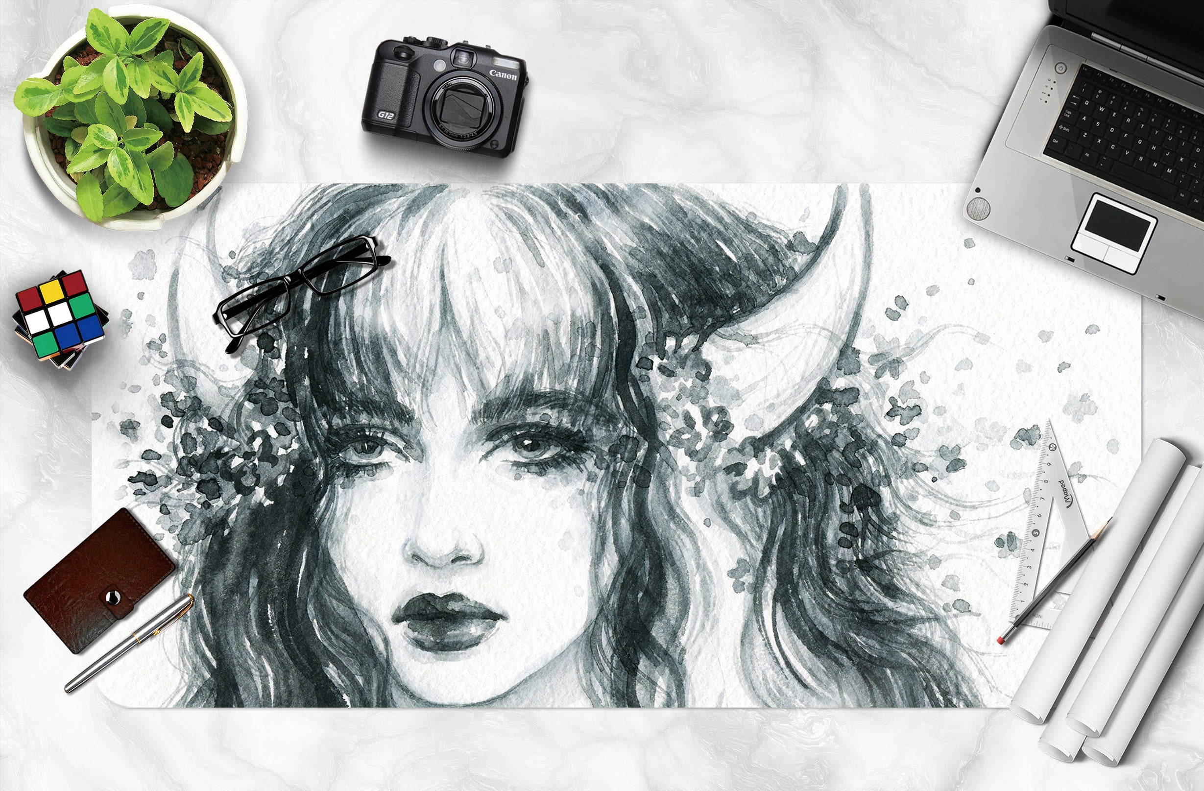 3D Horned Girl 17161 Desk Mat