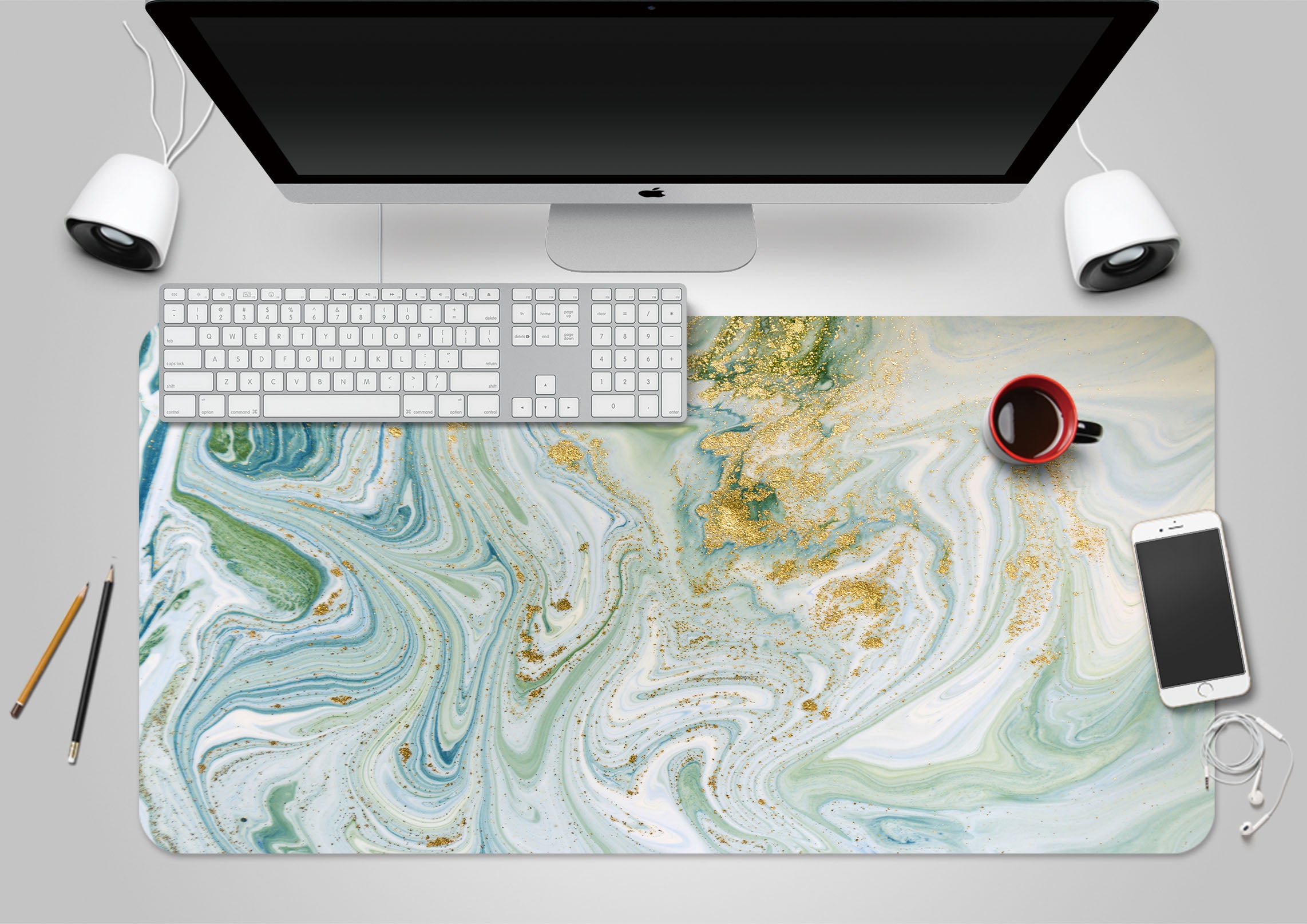 3D Golden Green Lines 18010 Desk Mat