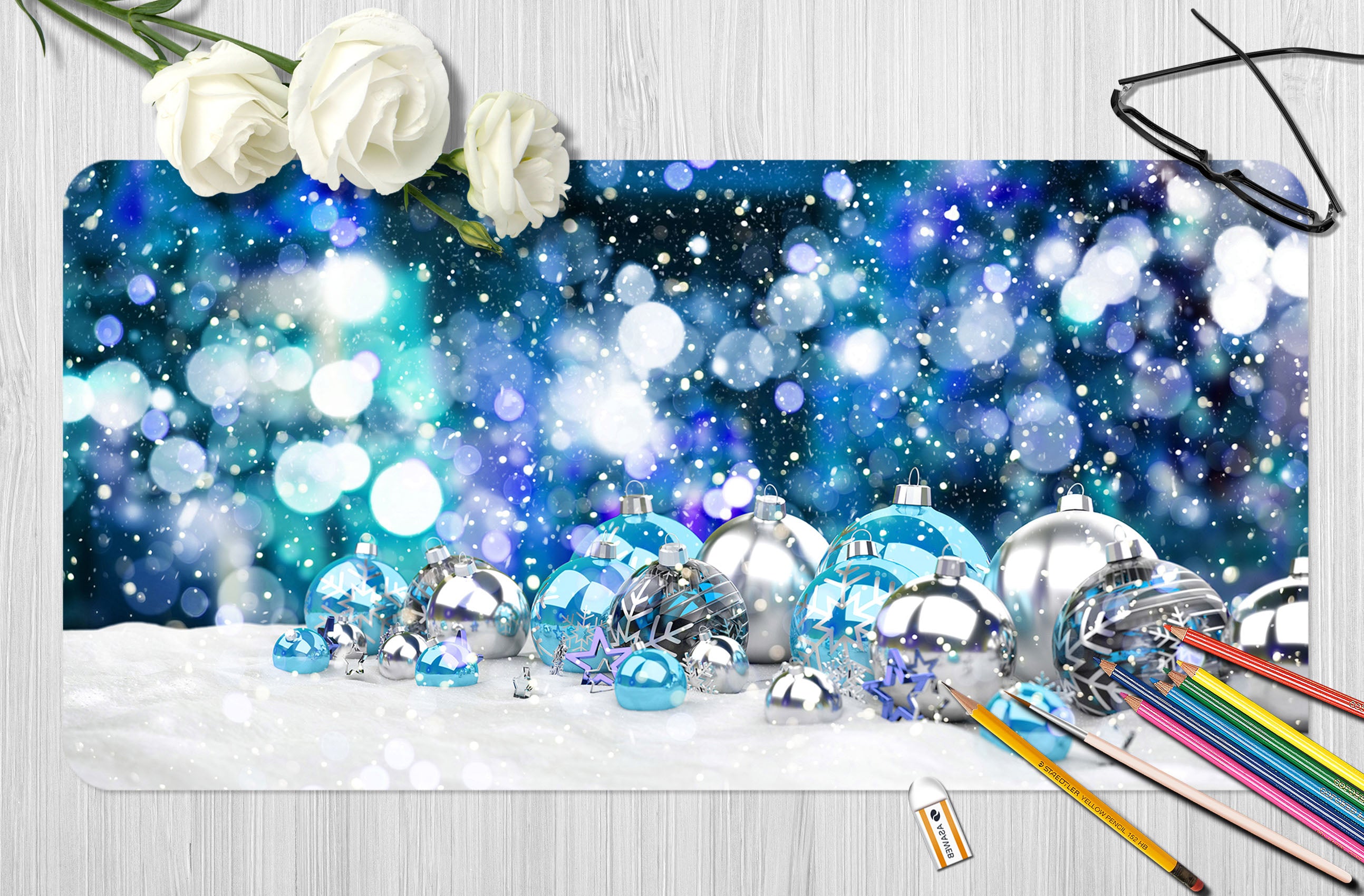 3D Silver Blue Ball 51205 Christmas Desk Mat Xmas