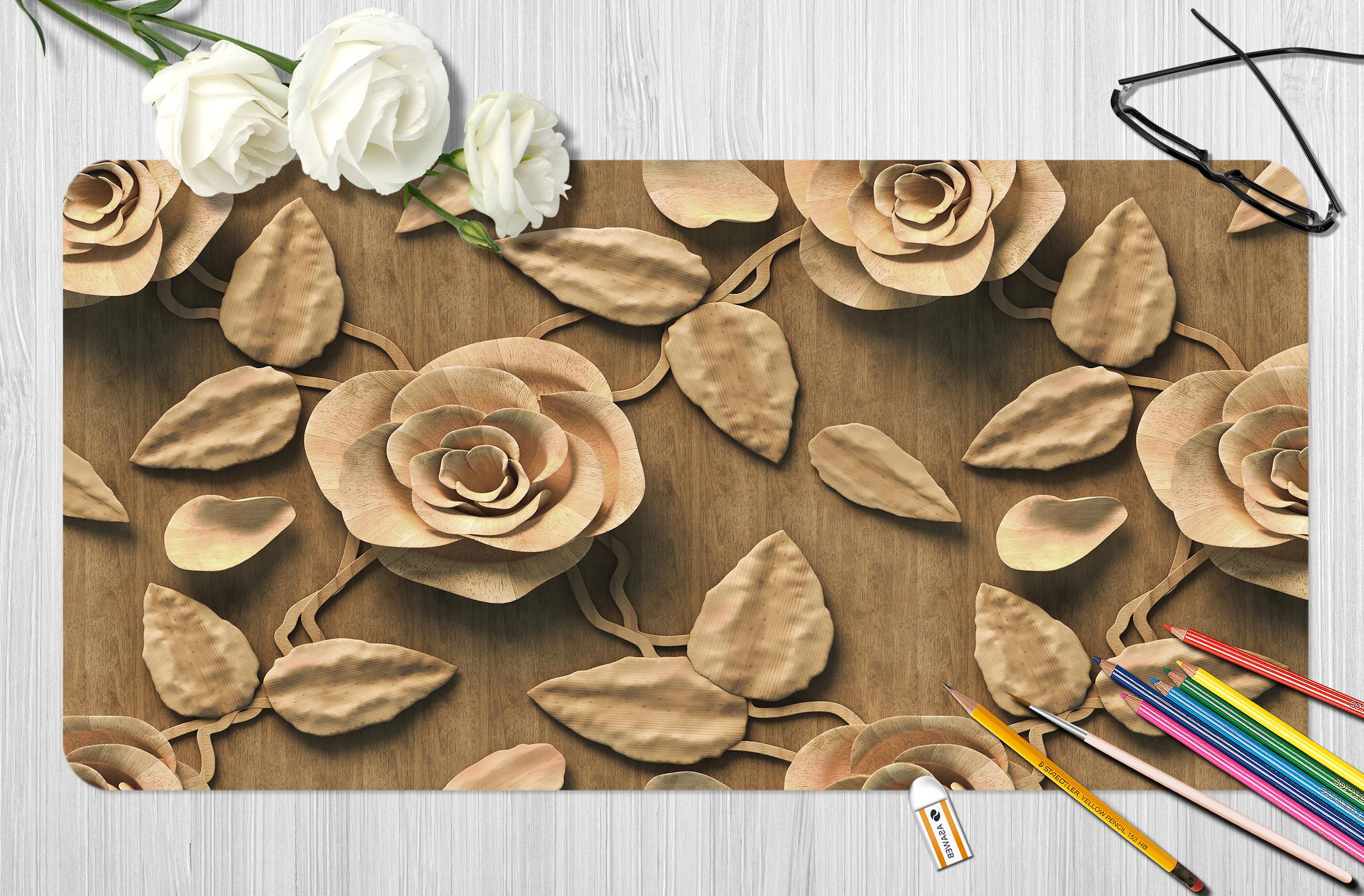 3D Woodcarving Rose 18023 Desk Mat